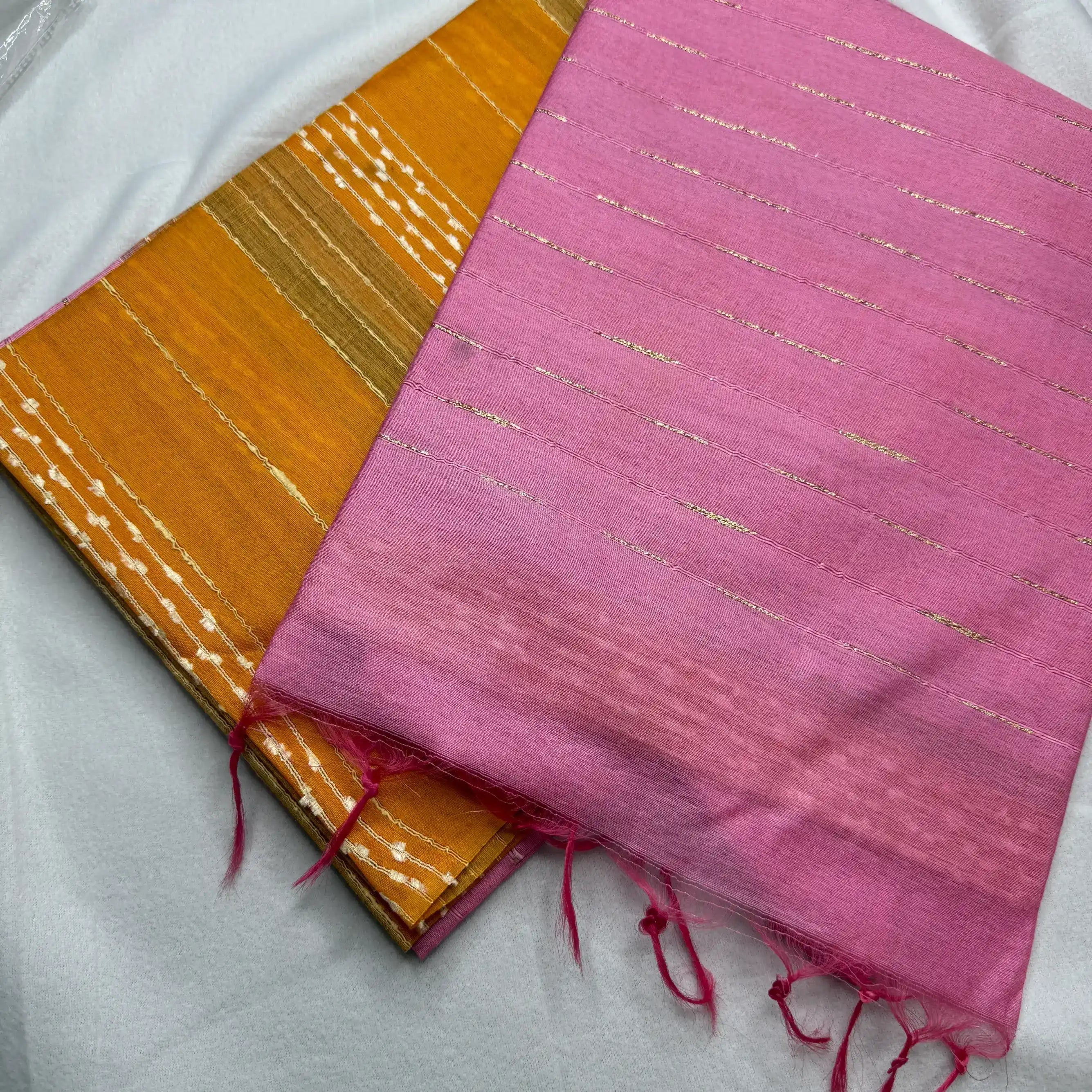 Hot Pink & Rust Orange – Linen Silk Sarees with Striped Weave -SKU: F0-002