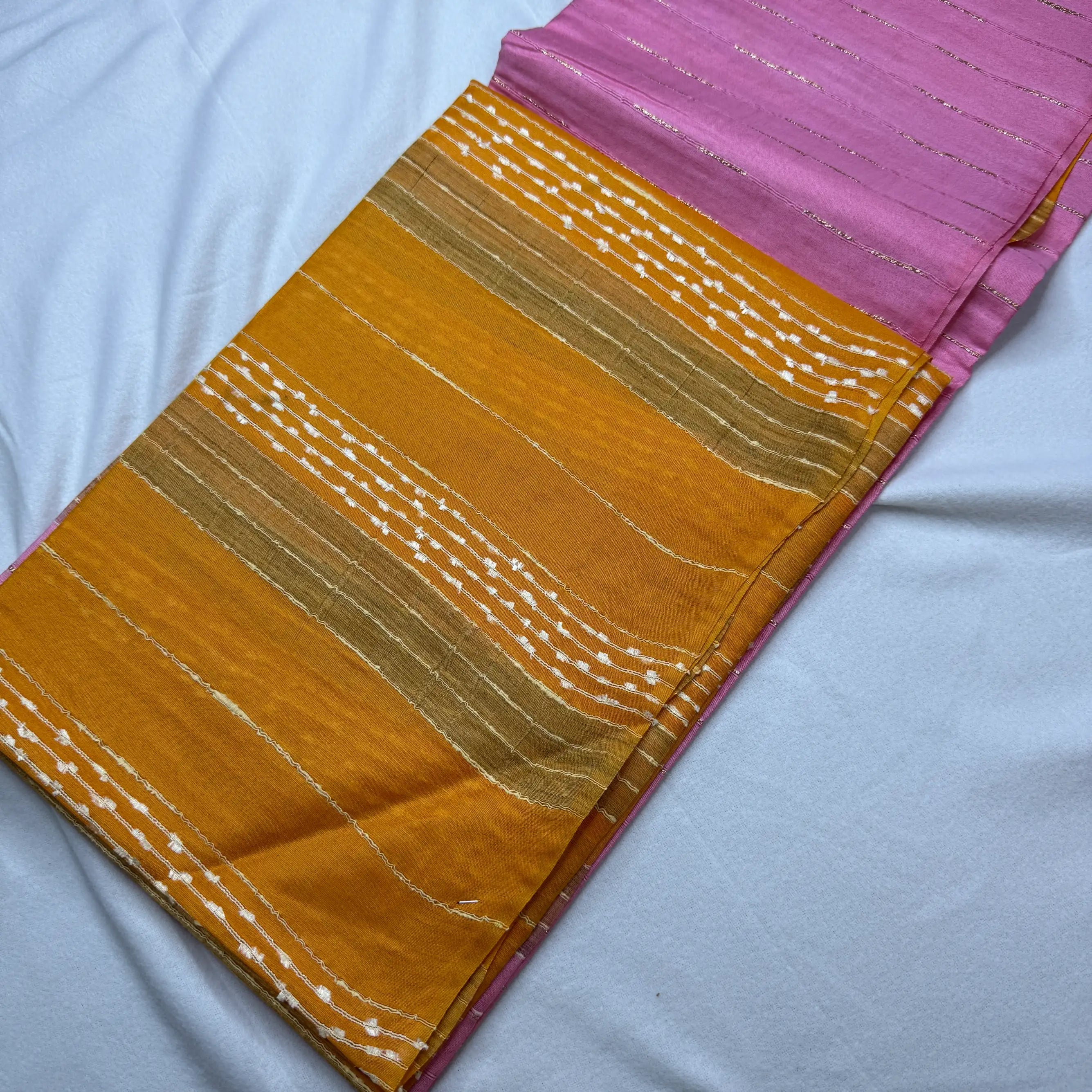 Hot Pink & Rust Orange – Linen Silk Sarees with Striped Weave -SKU: F0-002