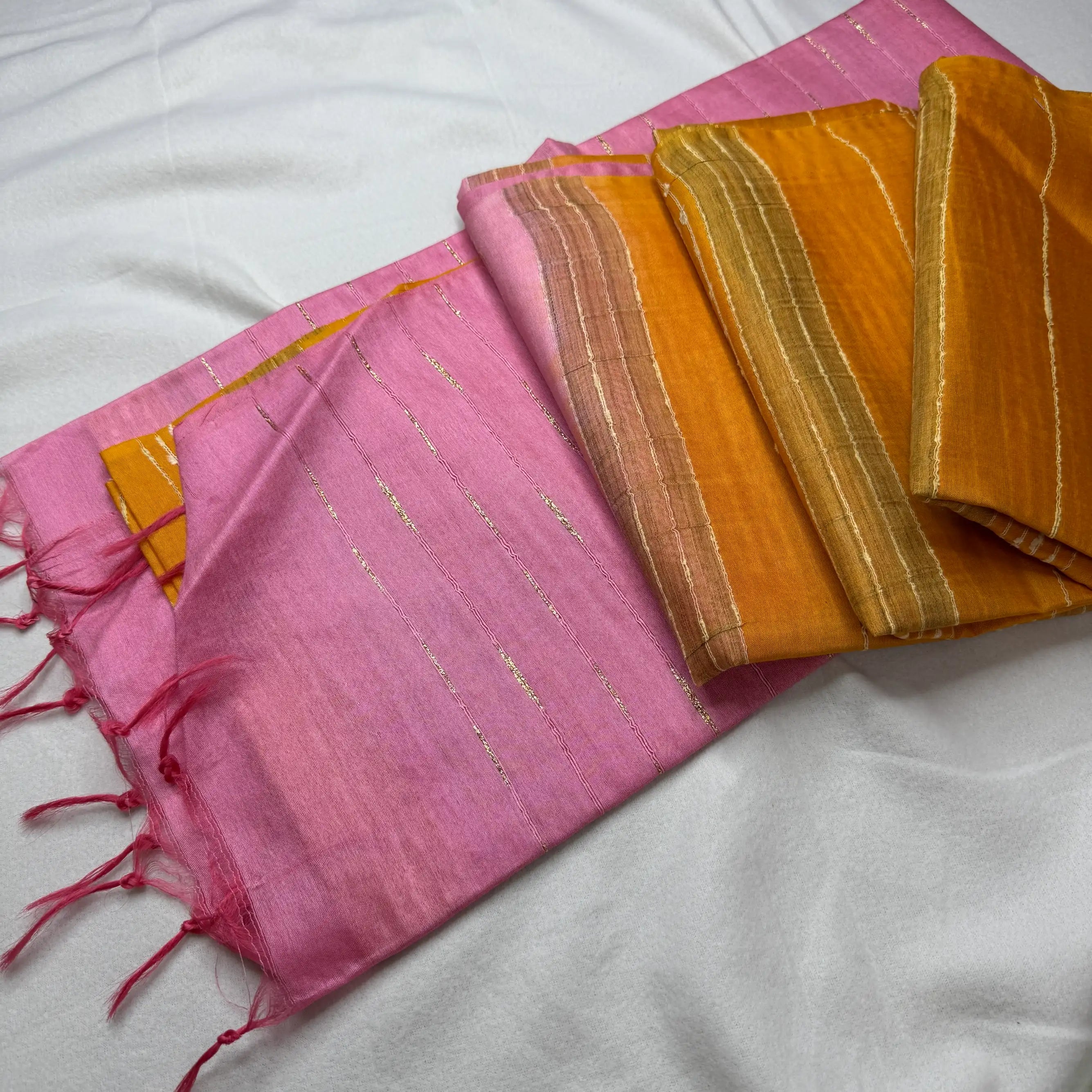 Hot Pink & Rust Orange – Linen Silk Sarees with Striped Weave -SKU: F0-002
