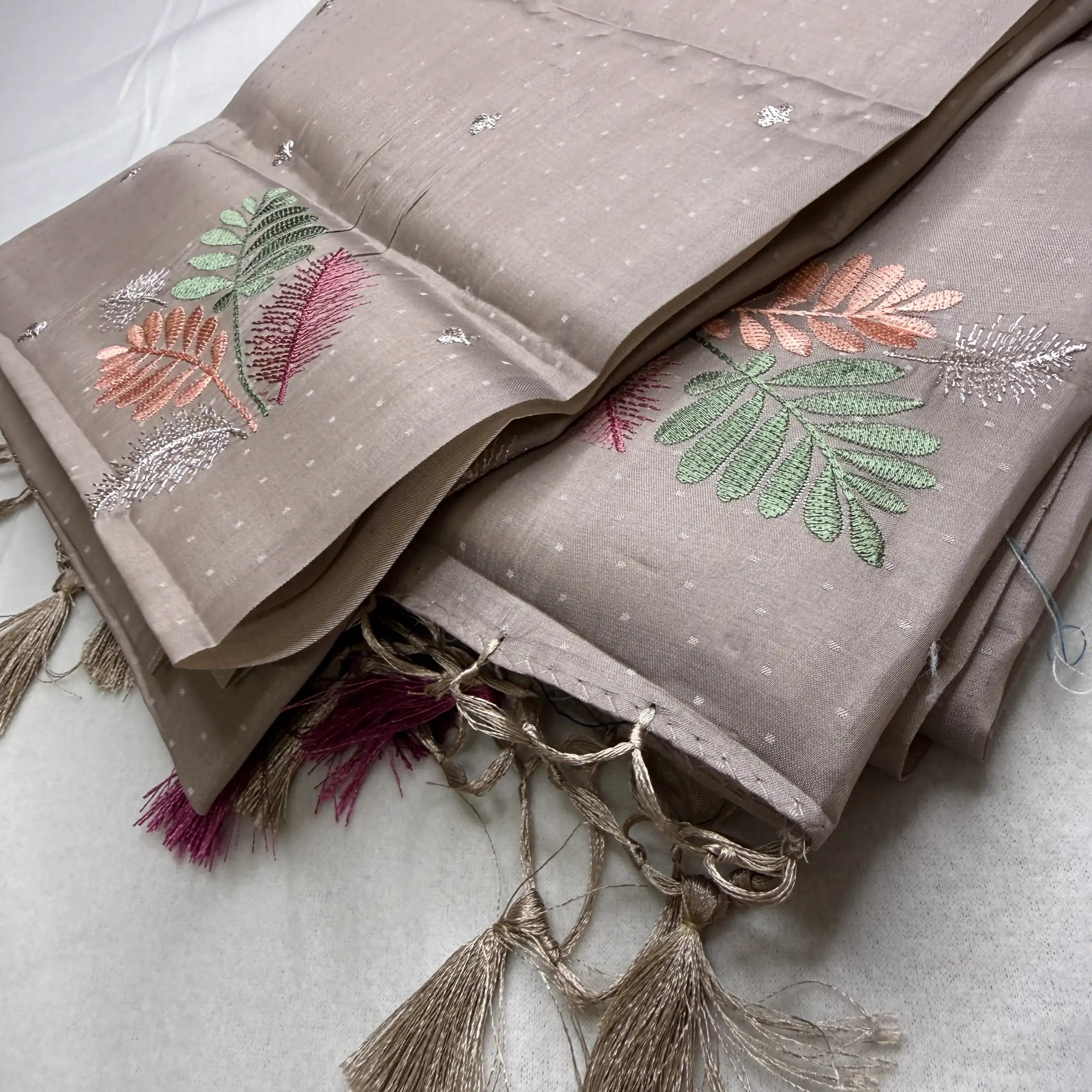 Elegant Grey – Butter Silk Saree with Leaf Motifs -SKU: E4-001