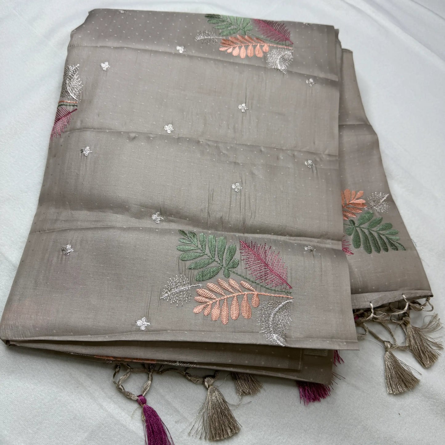 Elegant Grey – Butter Silk Saree with Leaf Motifs -SKU: E4-001