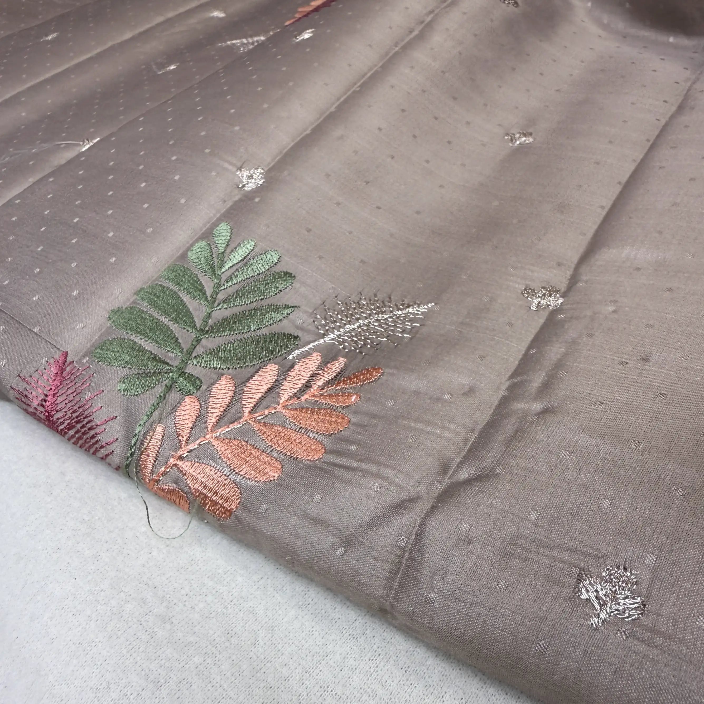 Elegant Grey – Butter Silk Saree with Leaf Motifs -SKU: E4-001