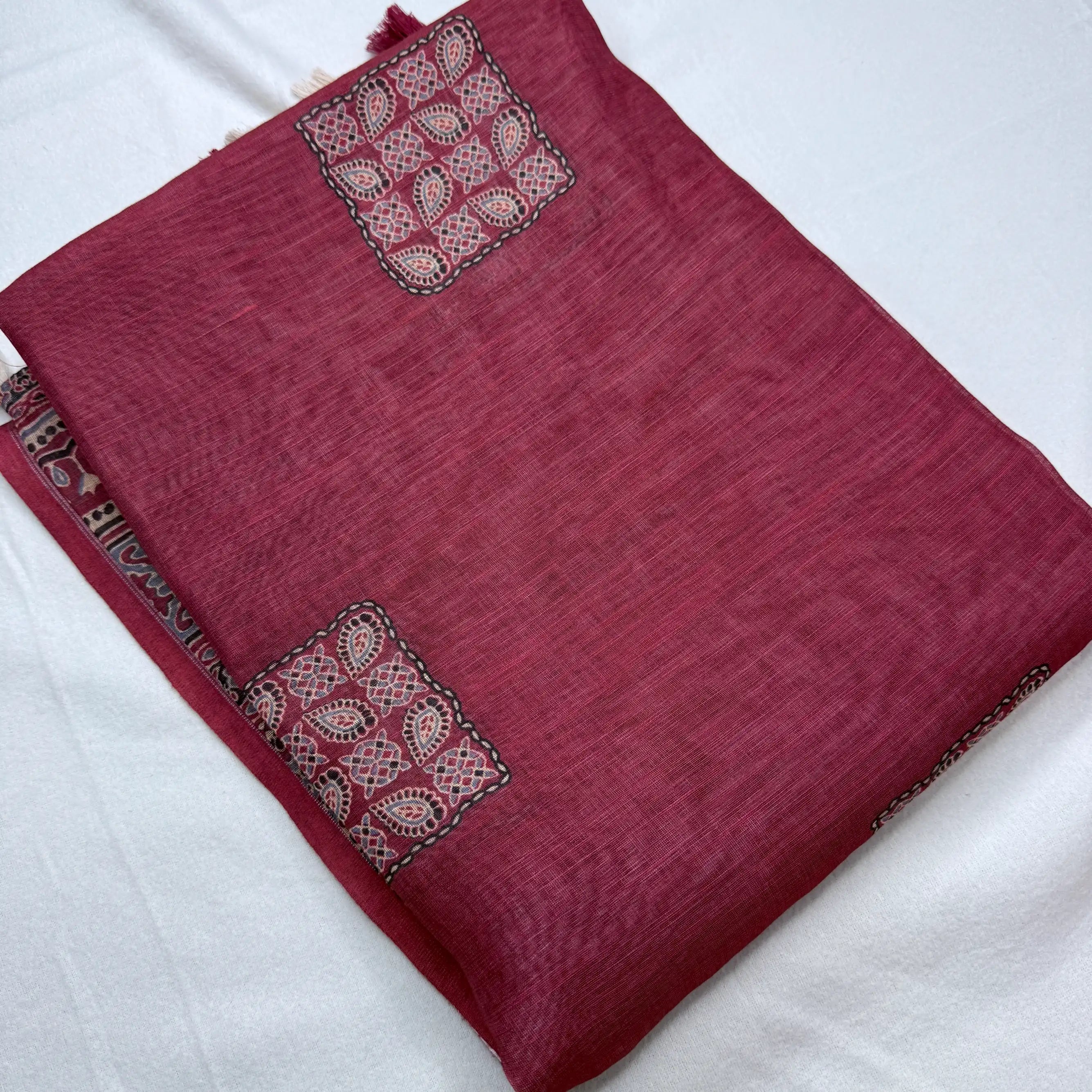 Maroon & Multi-color – Linen Saree with Block Print -SKU: F1-002