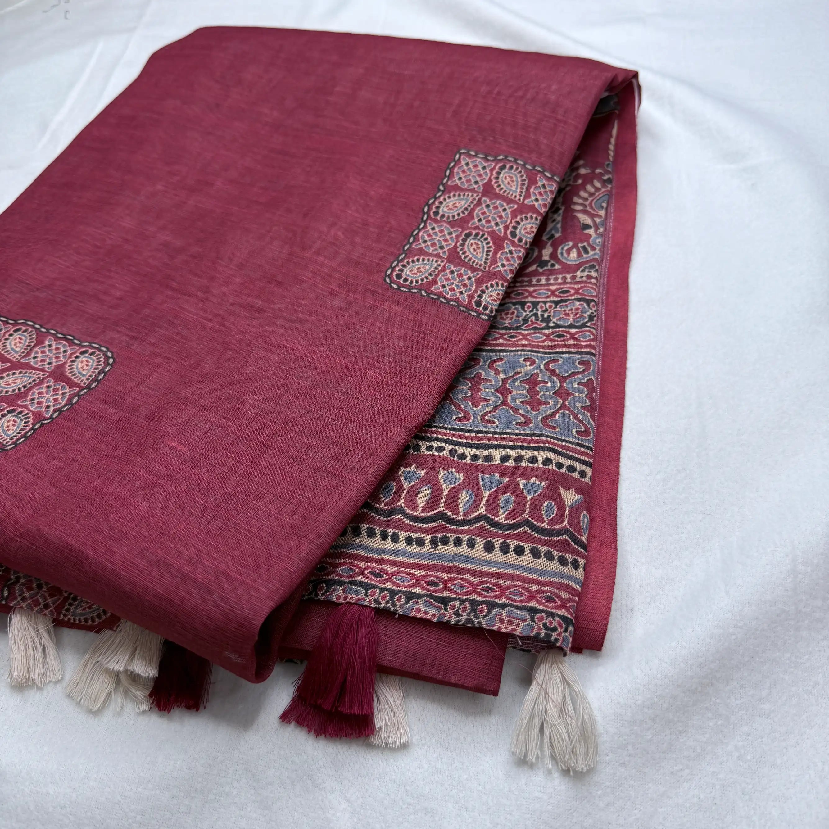 Maroon & Multi-color – Linen Saree with Block Print -SKU: F1-002