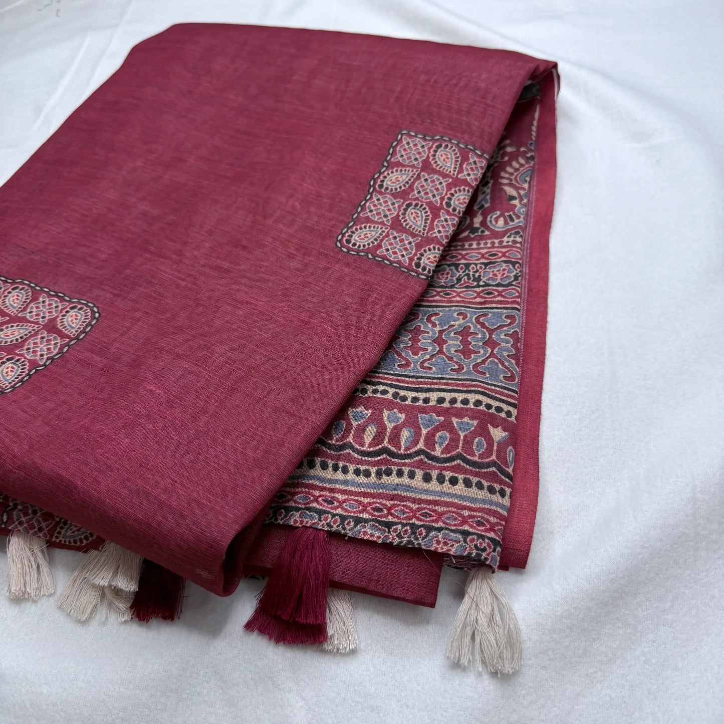 Maroon & Multi-color – Linen Saree with Block Print -SKU: F1-002