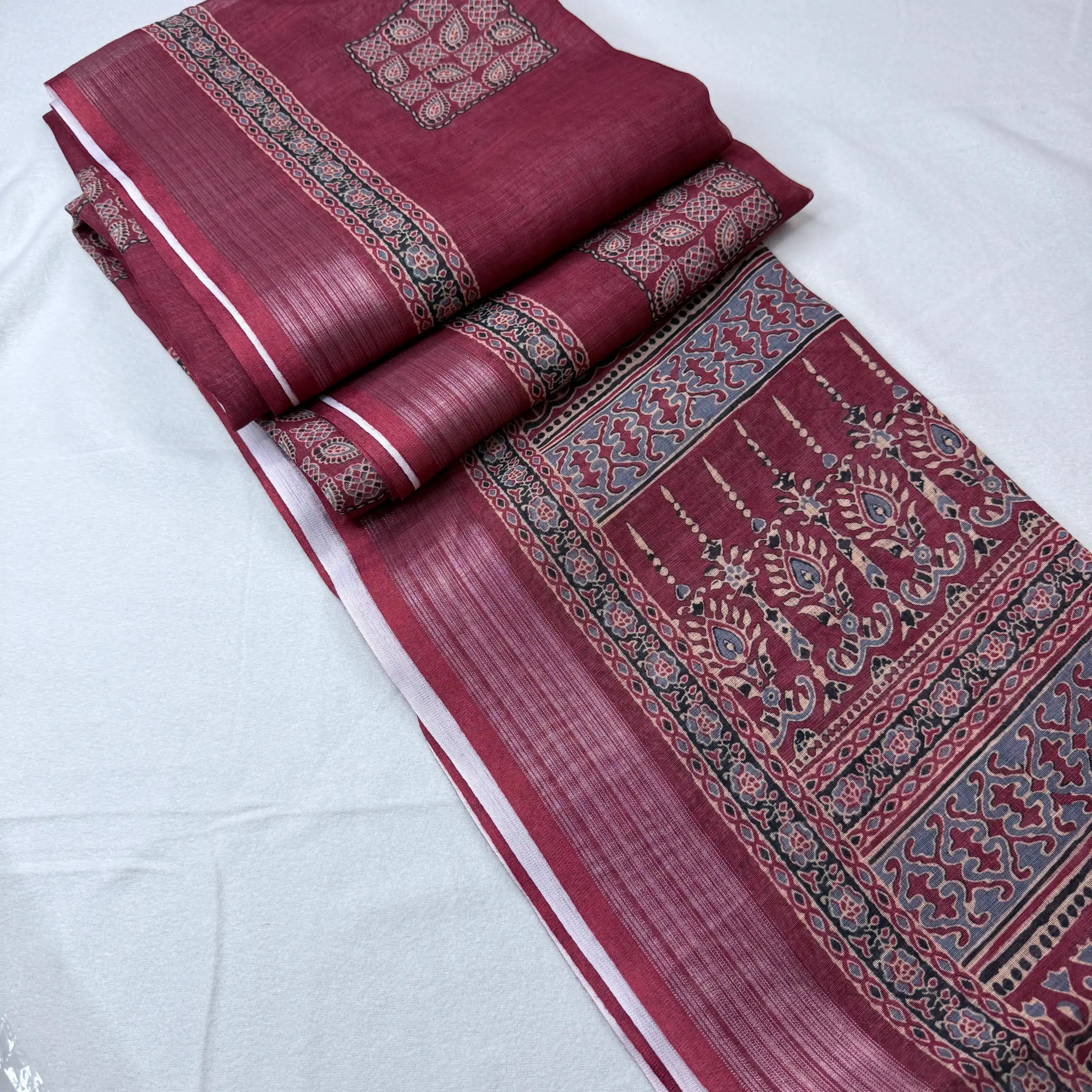 Maroon & Multi-color – Linen Saree with Block Print -SKU: F1-002
