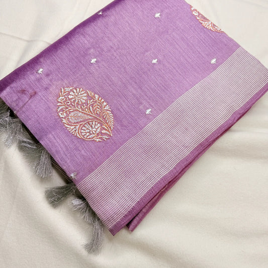 Elegant Lilac – Linen Saree with Woven Paisley Motifs -SKU: I0-004