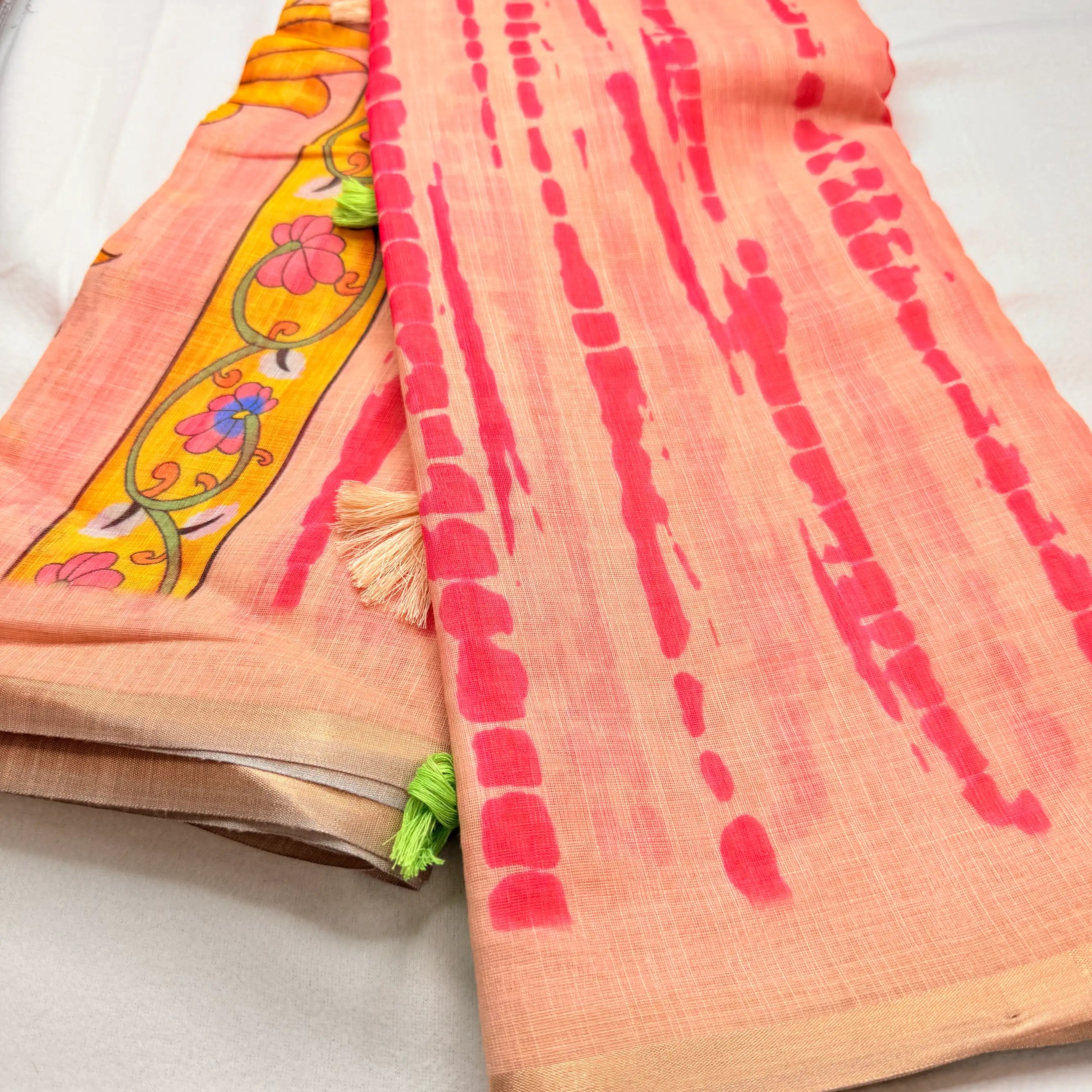 Peach & Pink – Cotton Saree with Tie-Dye Print -SKU: I0-005