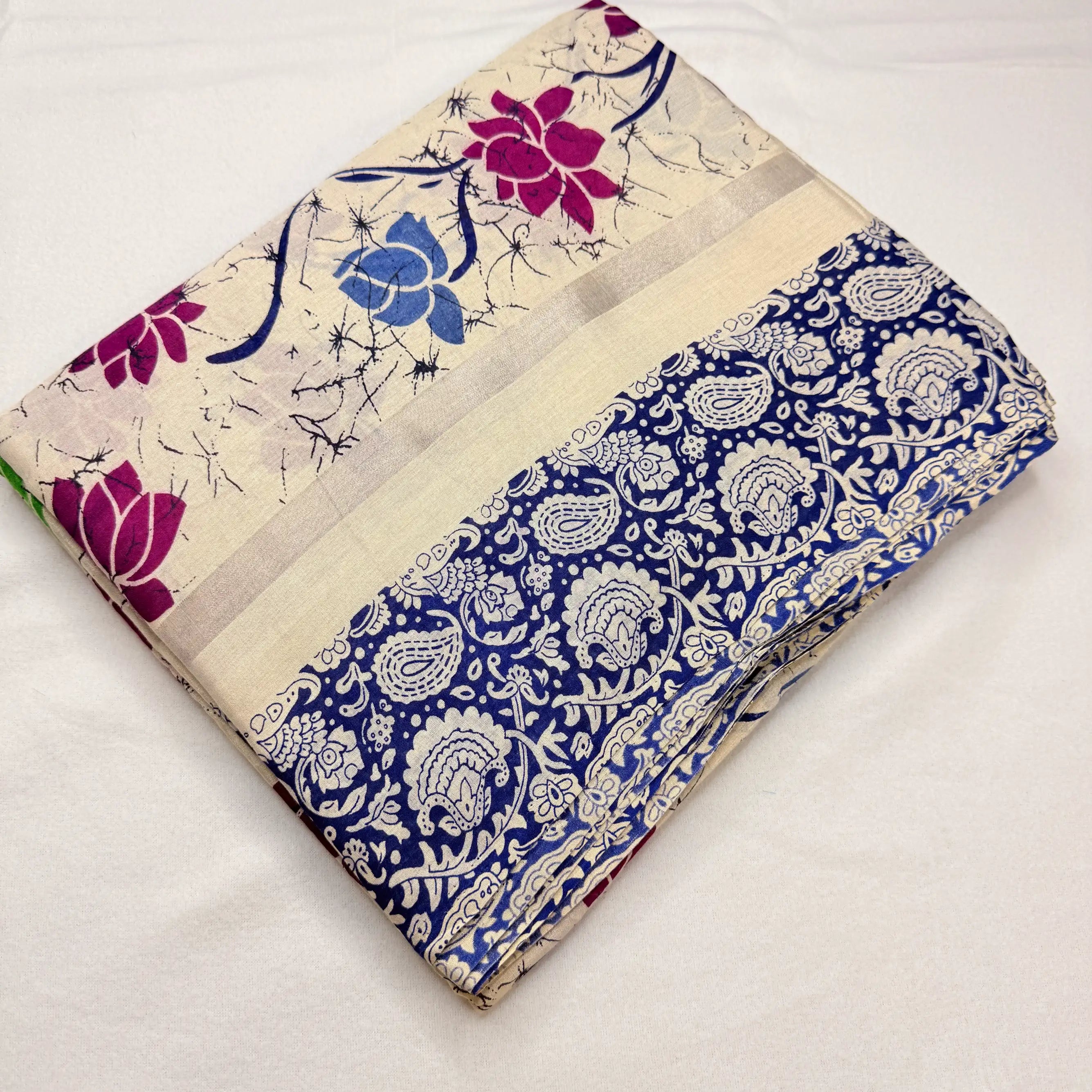 Cream & Blue – Cotton Saree with Kalamkari Print -SKU: I0-002