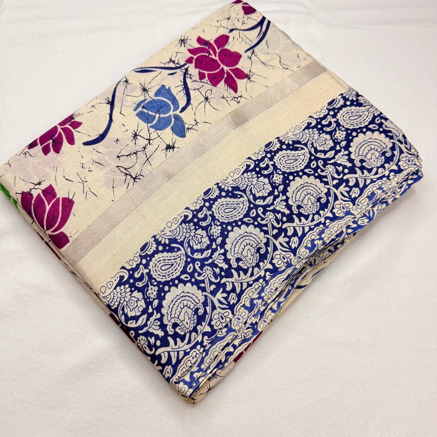 Cream & Blue – Cotton Saree with Kalamkari Print -SKU: I0-002