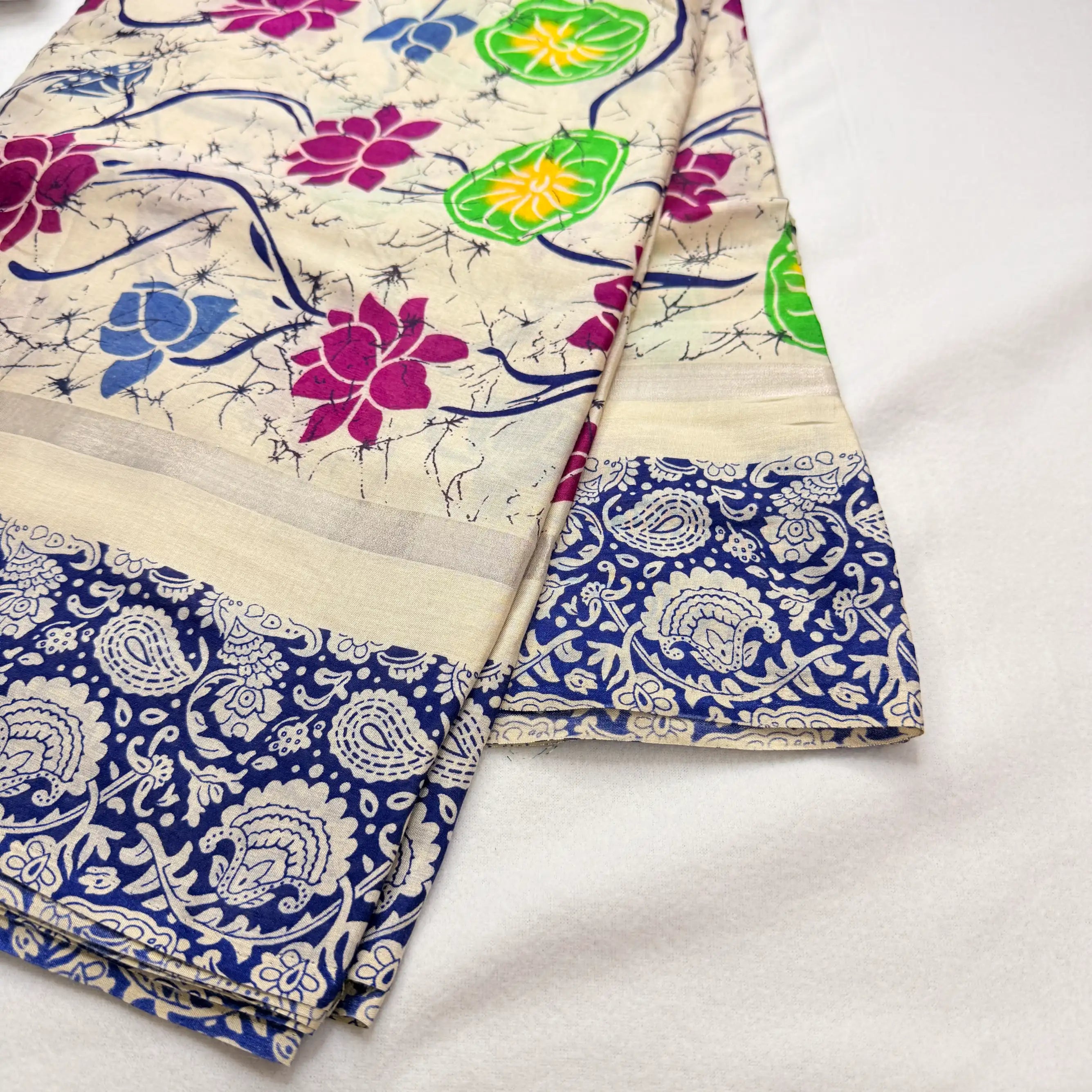 Cream & Blue – Cotton Saree with Kalamkari Print -SKU: I0-002