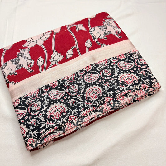 Red & Black – Cotton Saree with Pichwai & Kalamkari Print -SKU: I0-003