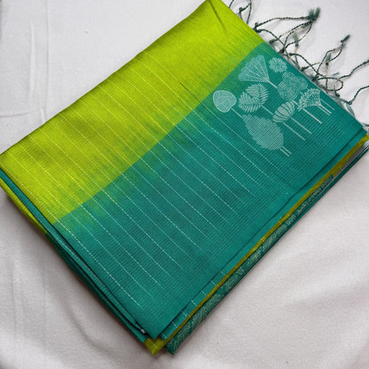 Lime green & teal green – Handloom Saree with Ikat Pallu and Geometric Body - H0-004