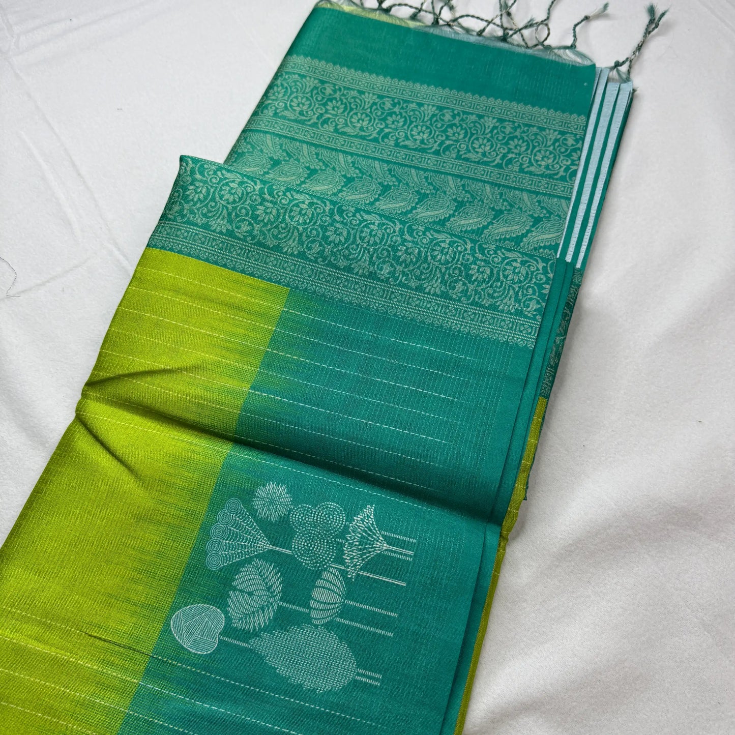 Lime green & teal green – Handloom Saree with Ikat Pallu and Geometric Body - H0-004