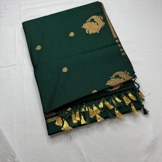Forest Green – Semi Cotton Saree with Peacock Motifs -SKU: O1-001