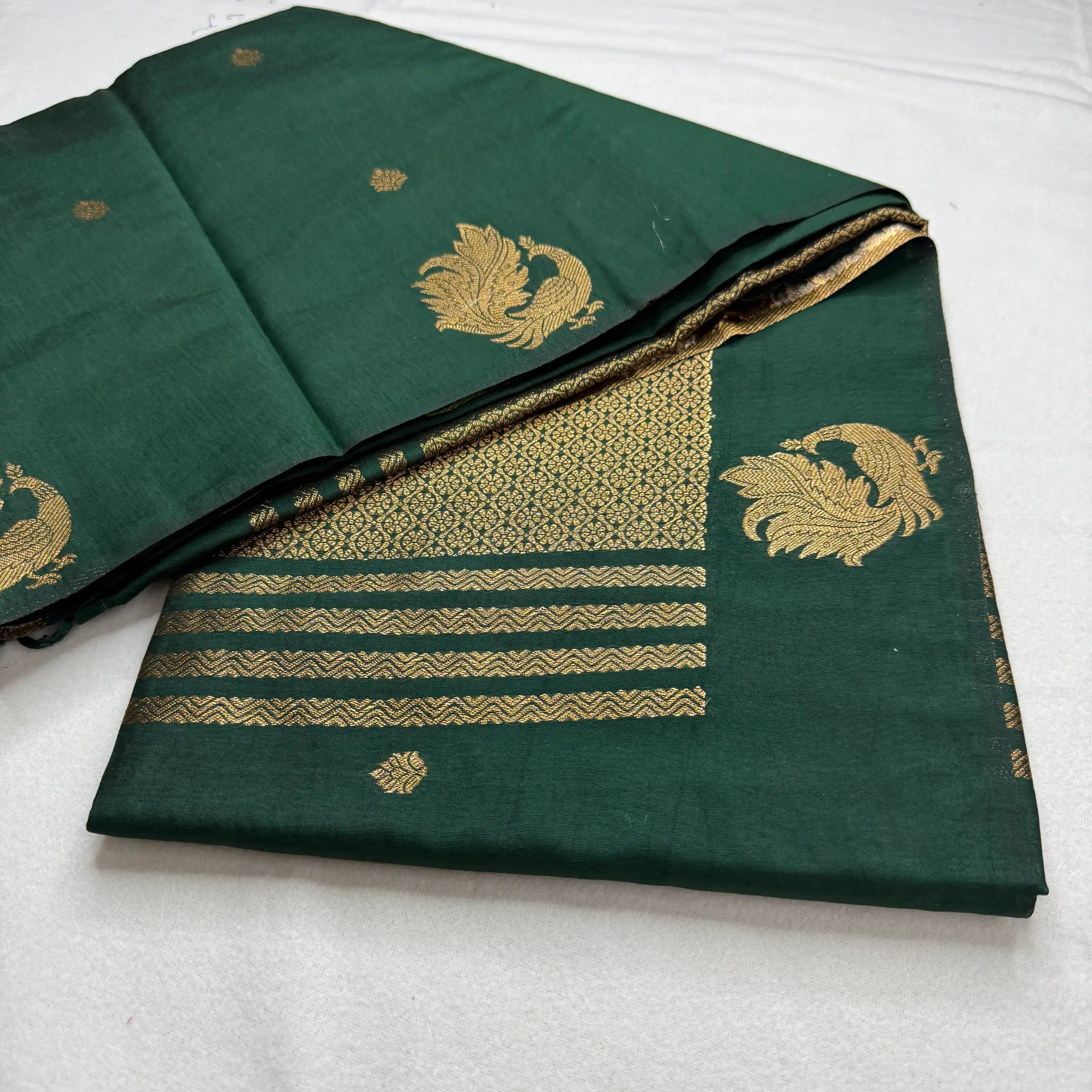 Forest Green – Semi Cotton Saree with Peacock Motifs -SKU: O1-001