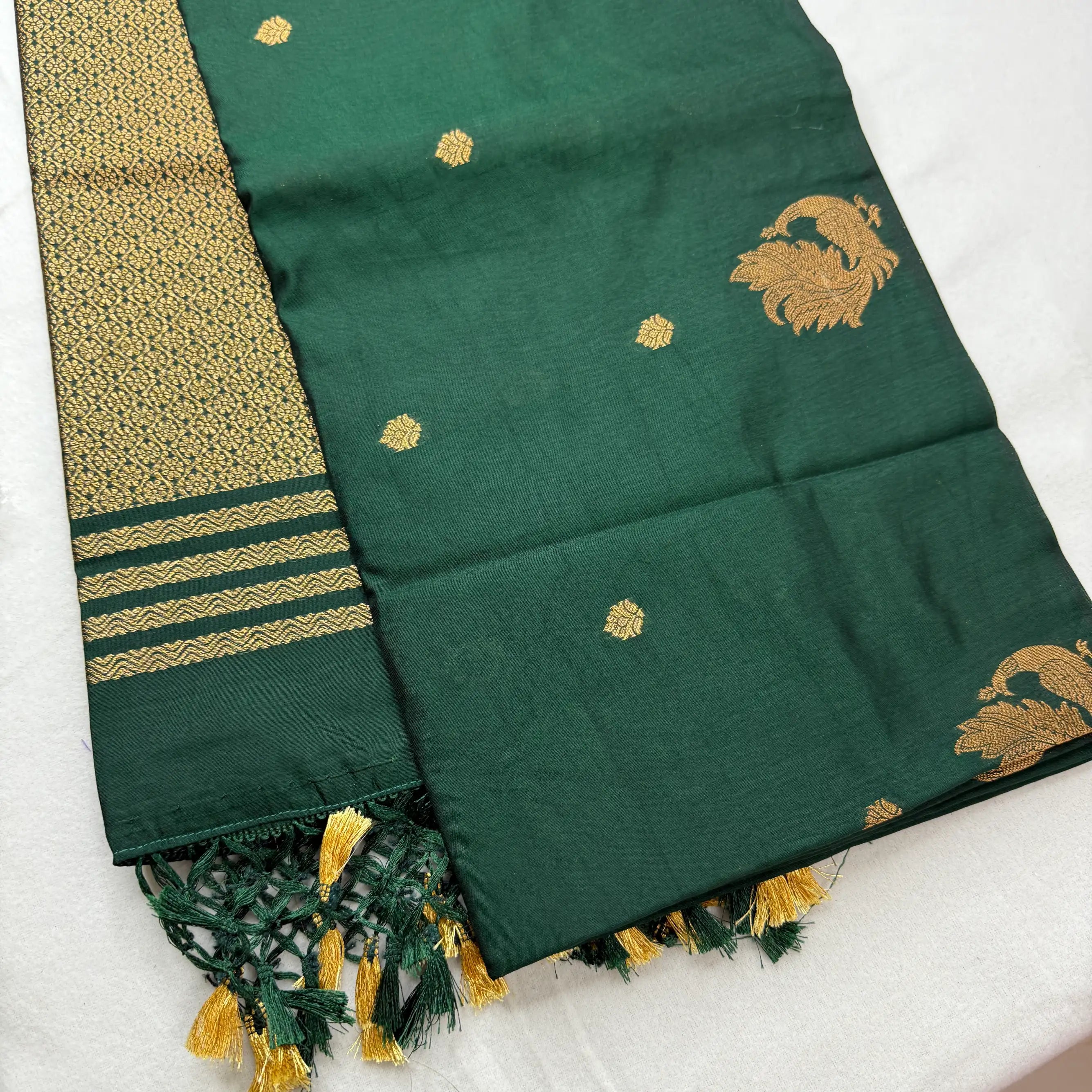 Forest Green – Semi Cotton Saree with Peacock Motifs -SKU: O1-001