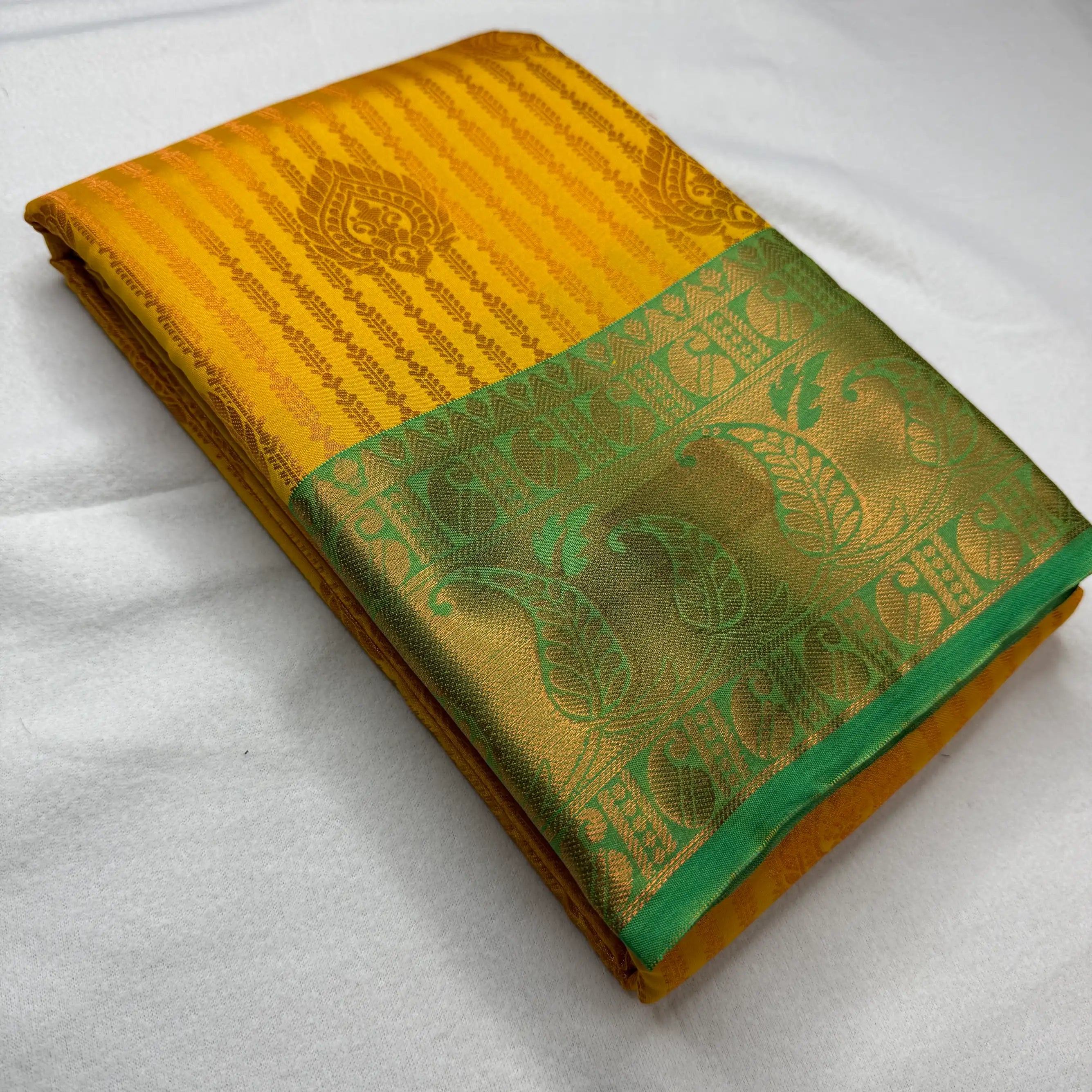 Vibrant Yellow & Green – Semi Silk Saree with Paisley Border -SKU: P1-001