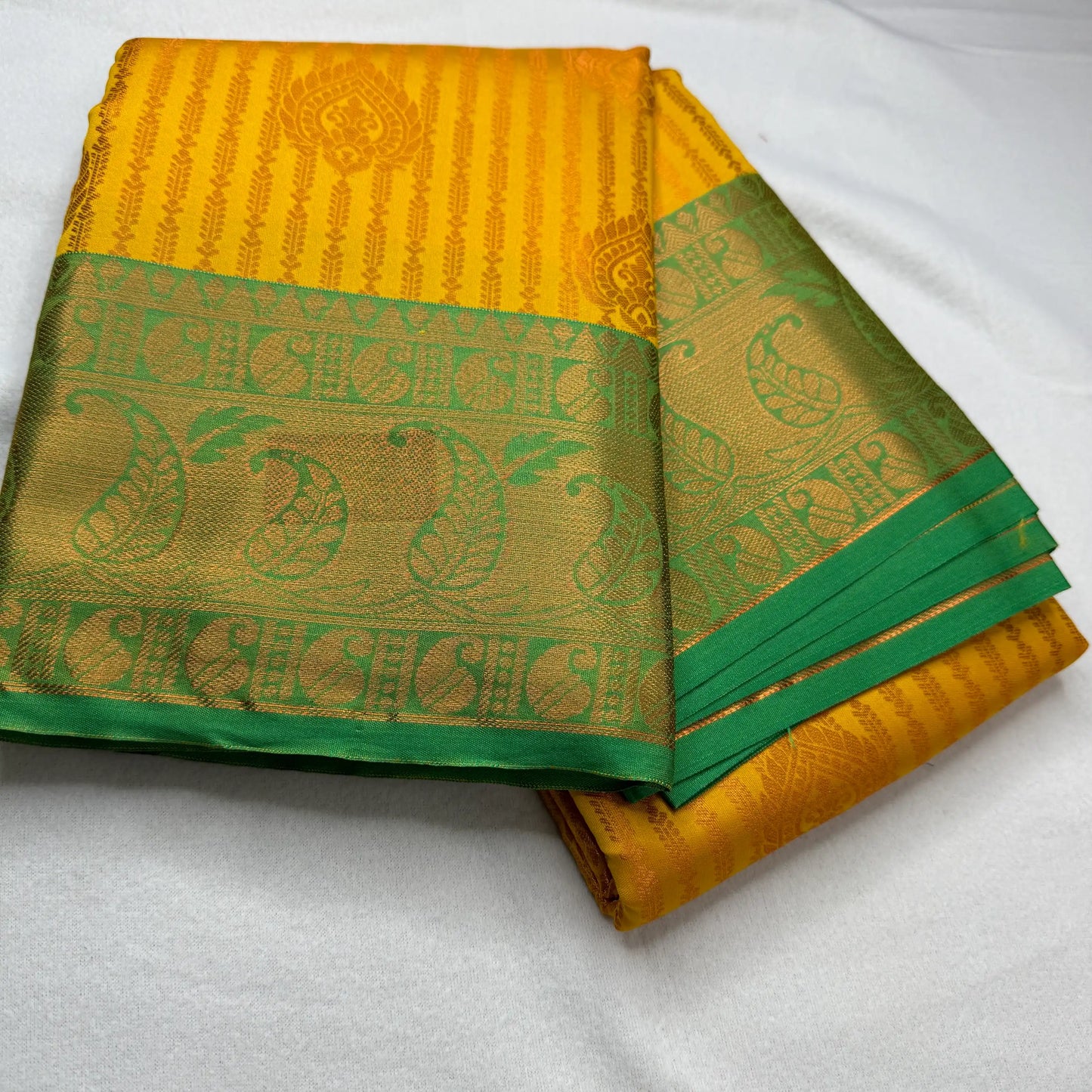 Vibrant Yellow & Green – Semi Silk Saree with Paisley Border -SKU: P1-001