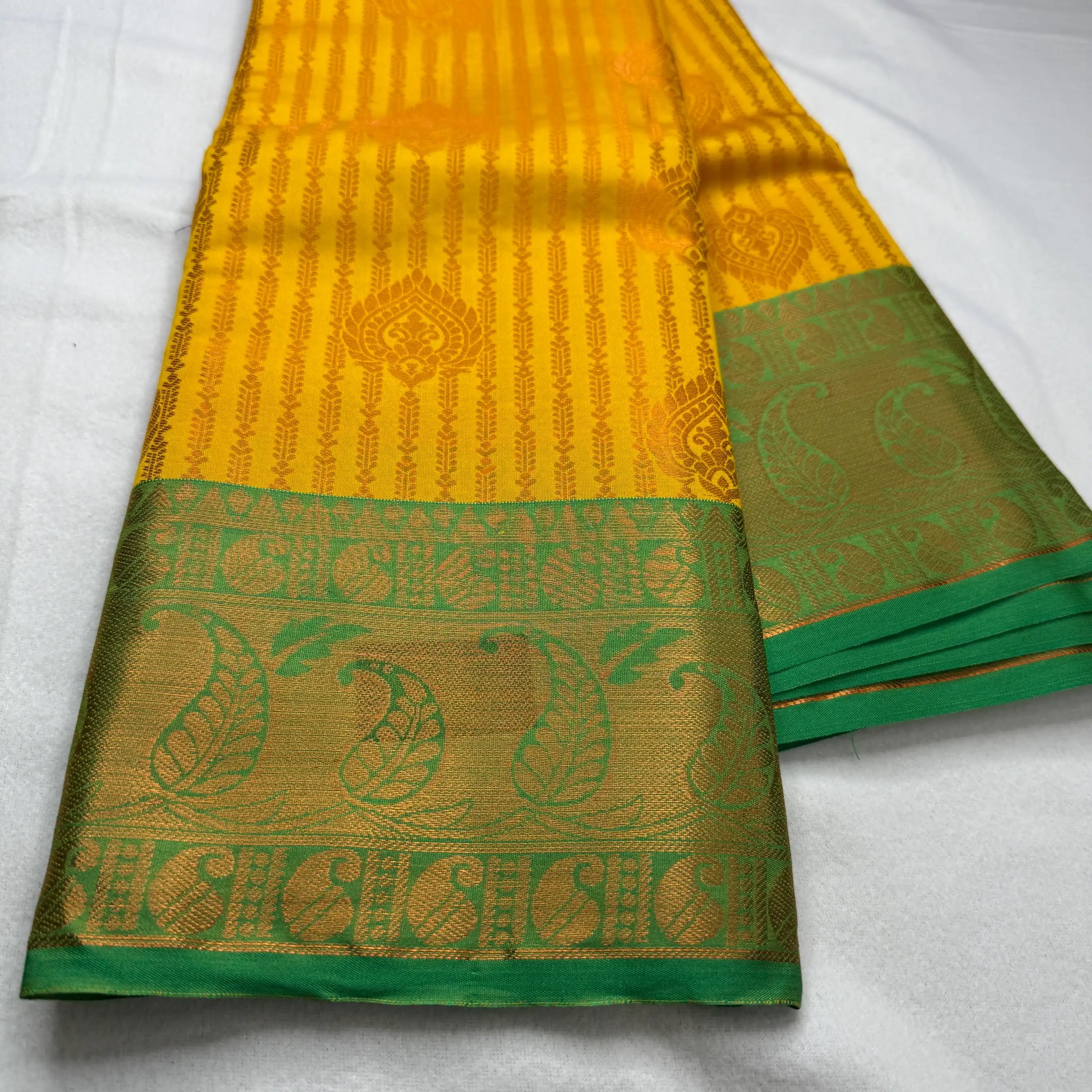 Vibrant Yellow & Green – Semi Silk Saree with Paisley Border -SKU: P1-001
