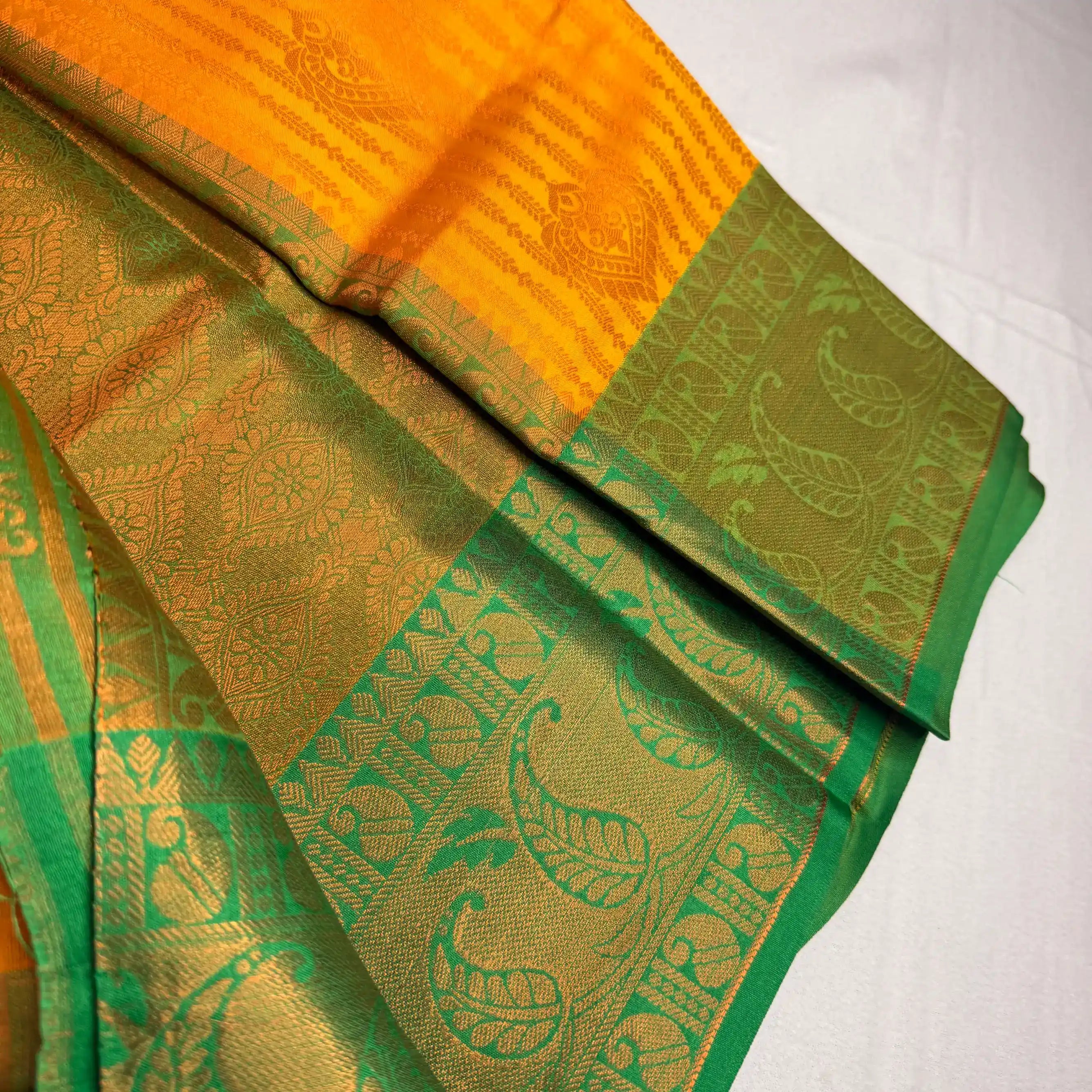 Vibrant Yellow & Green – Semi Silk Saree with Paisley Border -SKU: P1-001