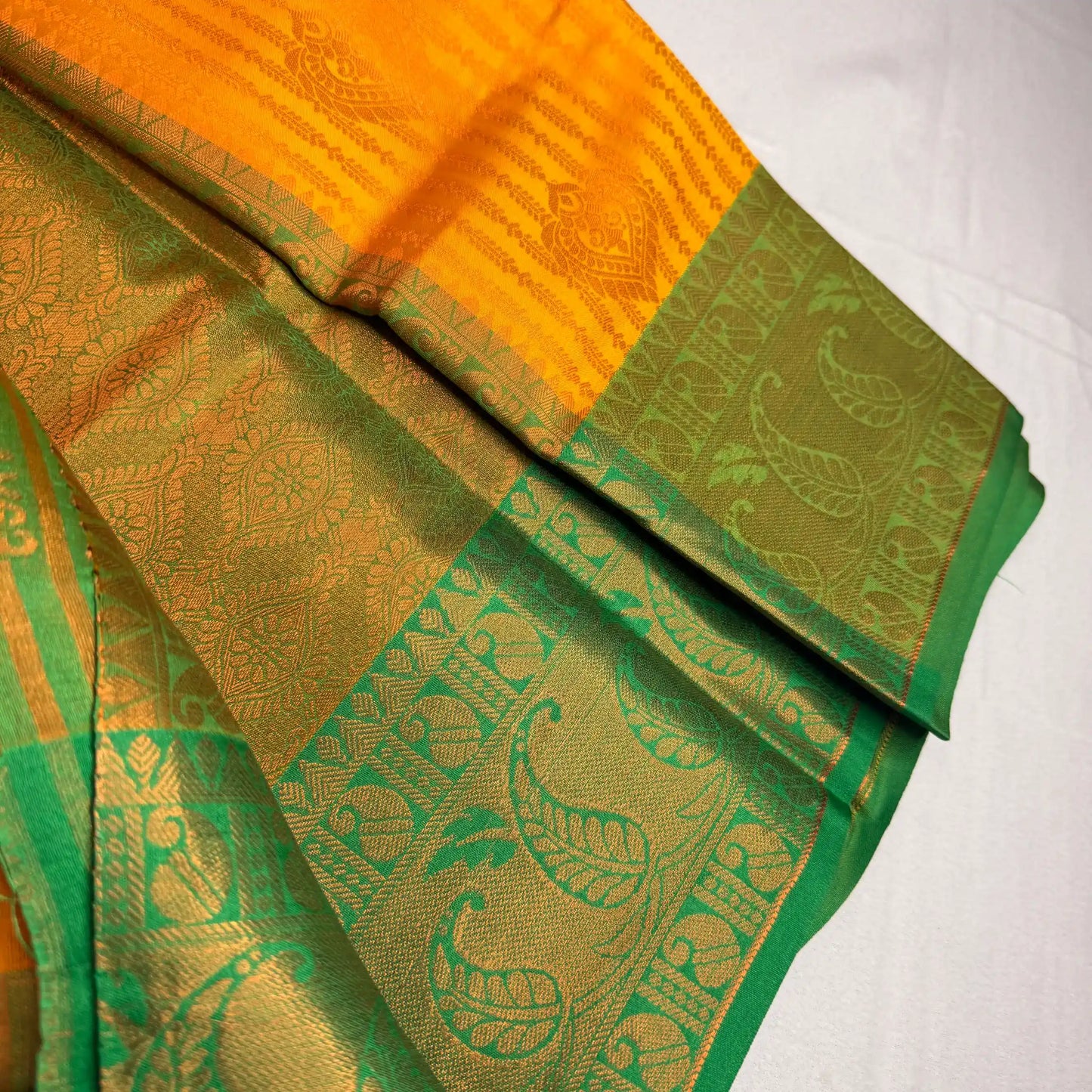 Vibrant Yellow & Green – Semi Silk Saree with Paisley Border -SKU: P1-001
