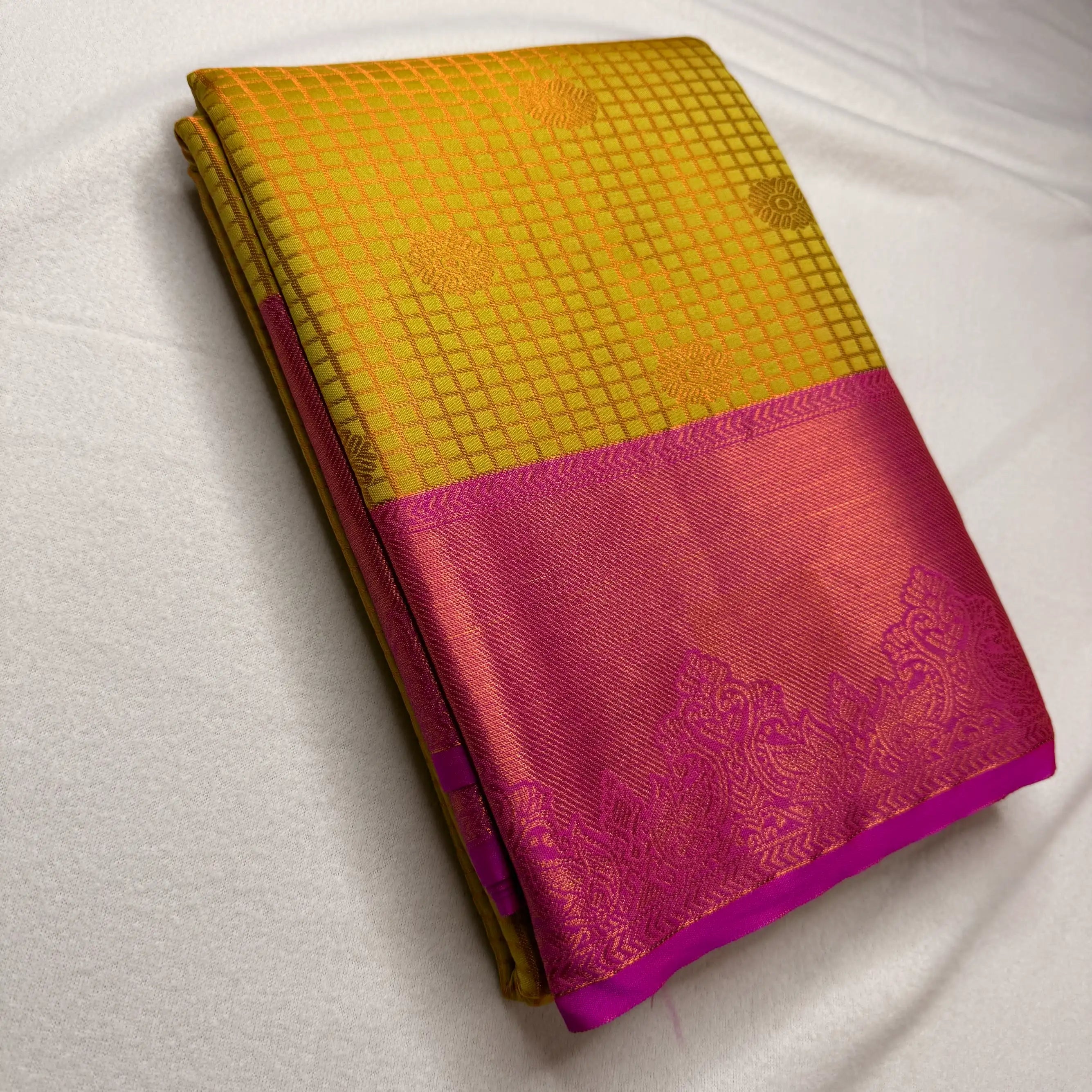 Radiant Yellow & Pink – Semi Silk Saree with Checked Body -SKU: P1-005