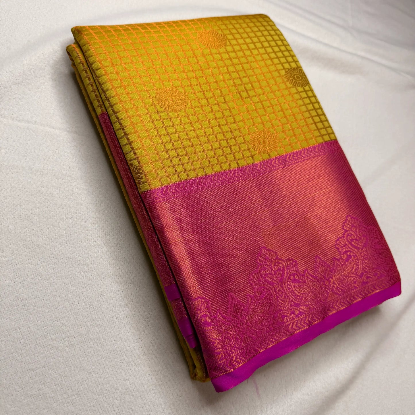 Radiant Yellow & Pink – Semi Silk Saree with Checked Body -SKU: P1-005