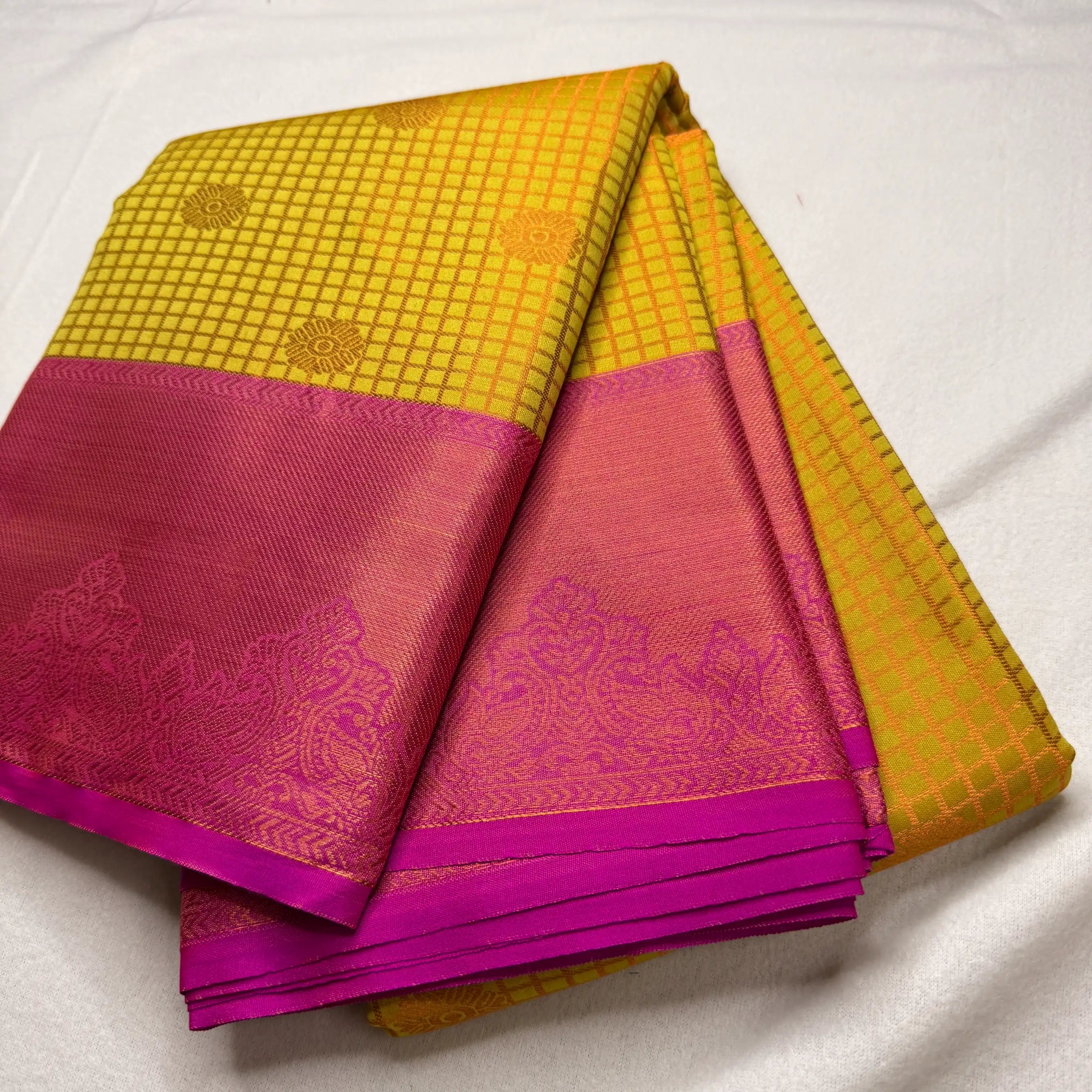 Radiant Yellow & Pink – Semi Silk Saree with Checked Body -SKU: P1-005