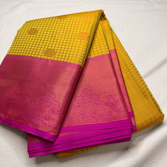 Radiant Yellow & Pink – Semi Silk Saree with Checked Body -SKU: P1-005