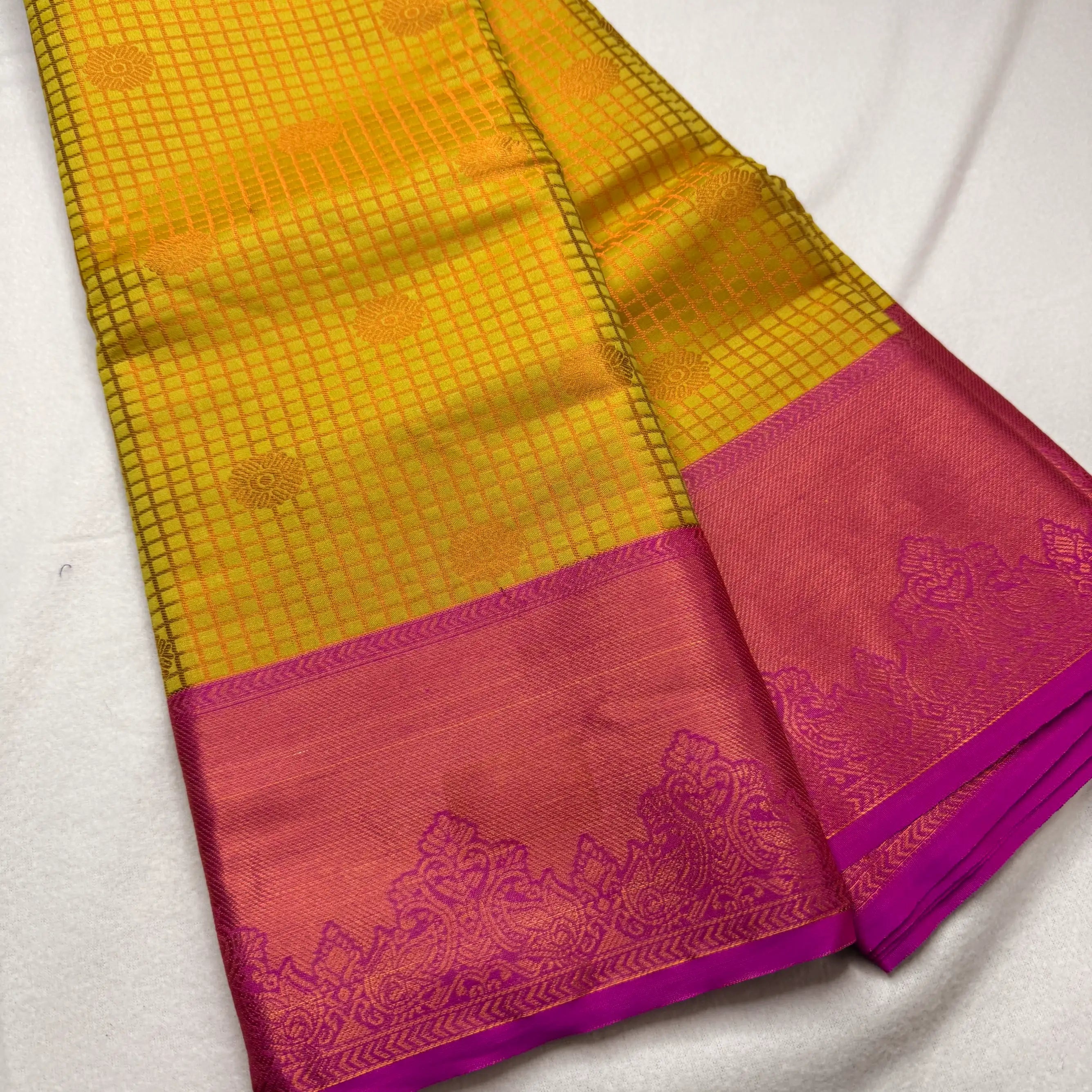 Radiant Yellow & Pink – Semi Silk Saree with Checked Body -SKU: P1-005