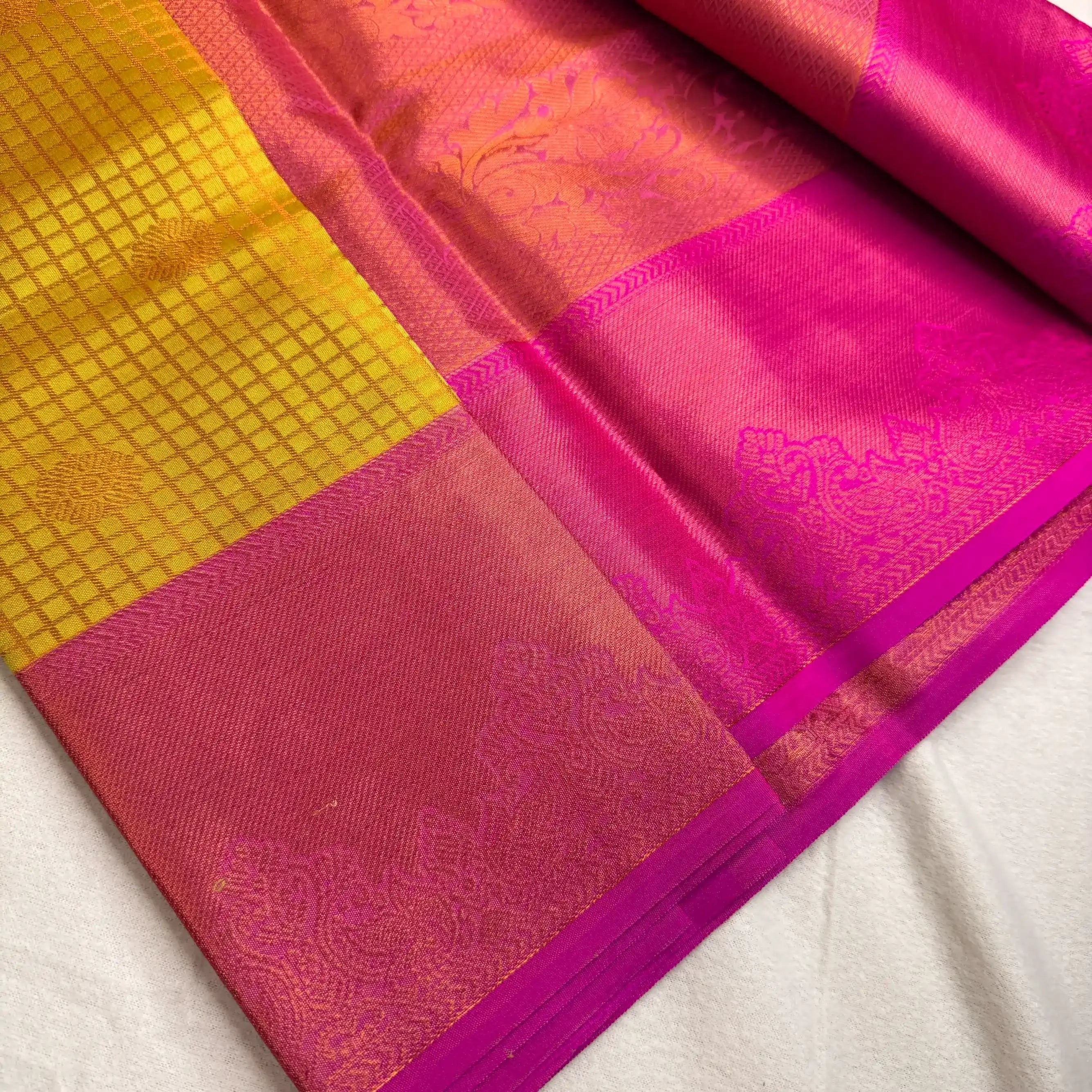 Radiant Yellow & Pink – Semi Silk Saree with Checked Body -SKU: P1-005