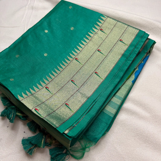 Regal Teal Green – Authentic Handloom Paithani Saree with Peacock Motifs | N2-002