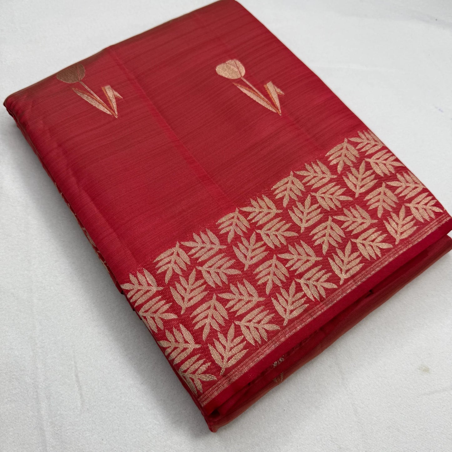 Red Tussar Silk Saree with Intricate Gold Border | O3-003