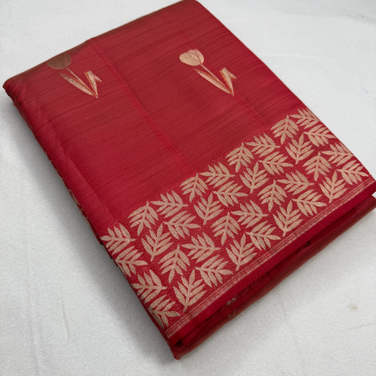 Red Tussar Silk Saree with Intricate Gold Border | O3-003