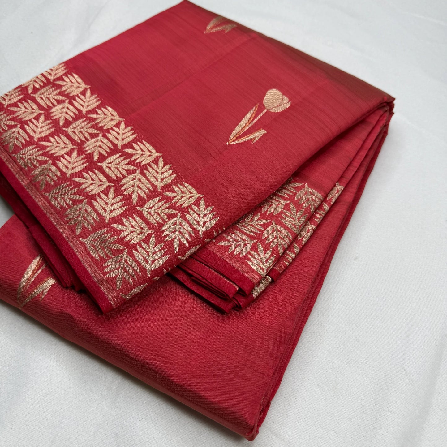 Red Tussar Silk Saree with Intricate Gold Border | O3-003