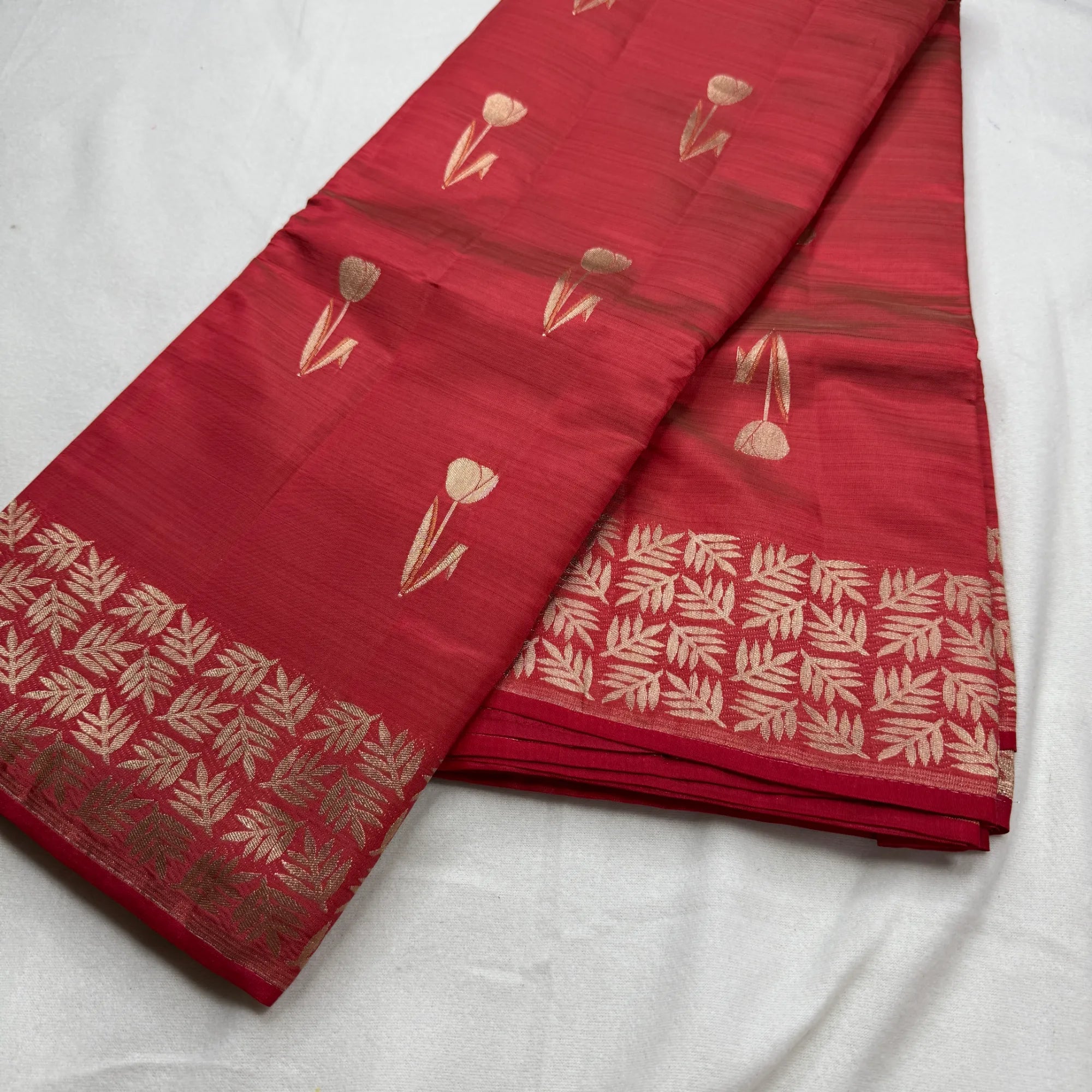 Red Tussar Silk Saree with Intricate Gold Border | O3-003
