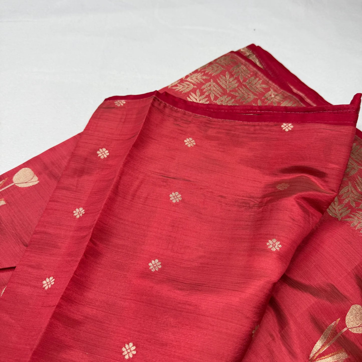 Red Tussar Silk Saree with Intricate Gold Border | O3-003