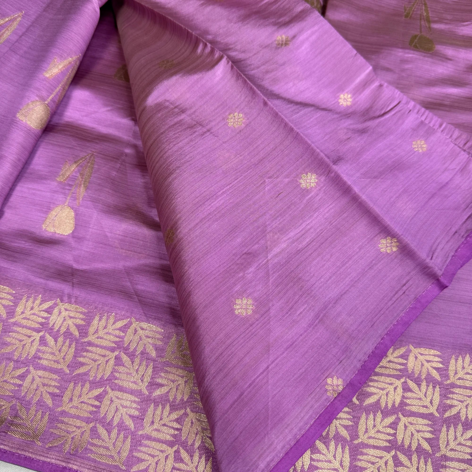 Onion Lavender Tussar Silk Saree with Intricate Gold Border | O3-004