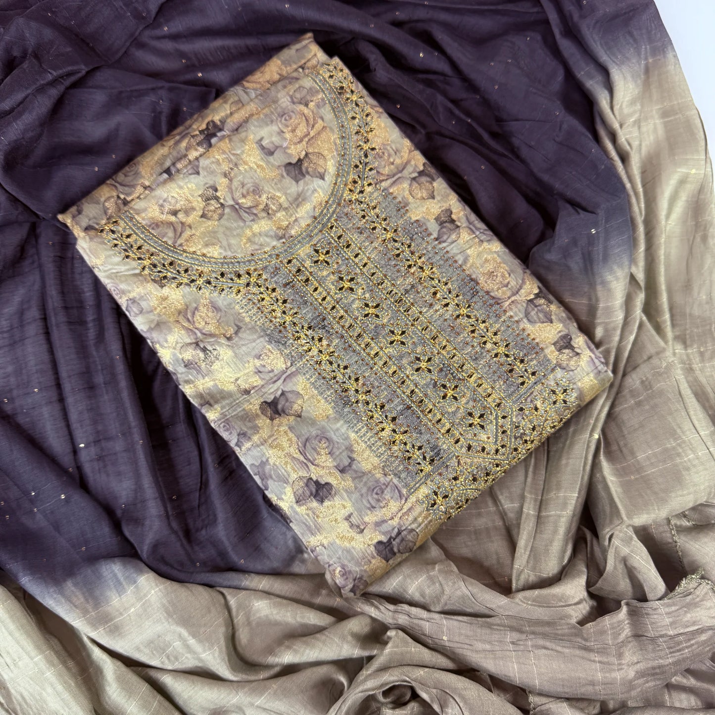 Twilight Rose – Unstitched Suit Set with Floral Print and Ombre Dupatta | Q0-001