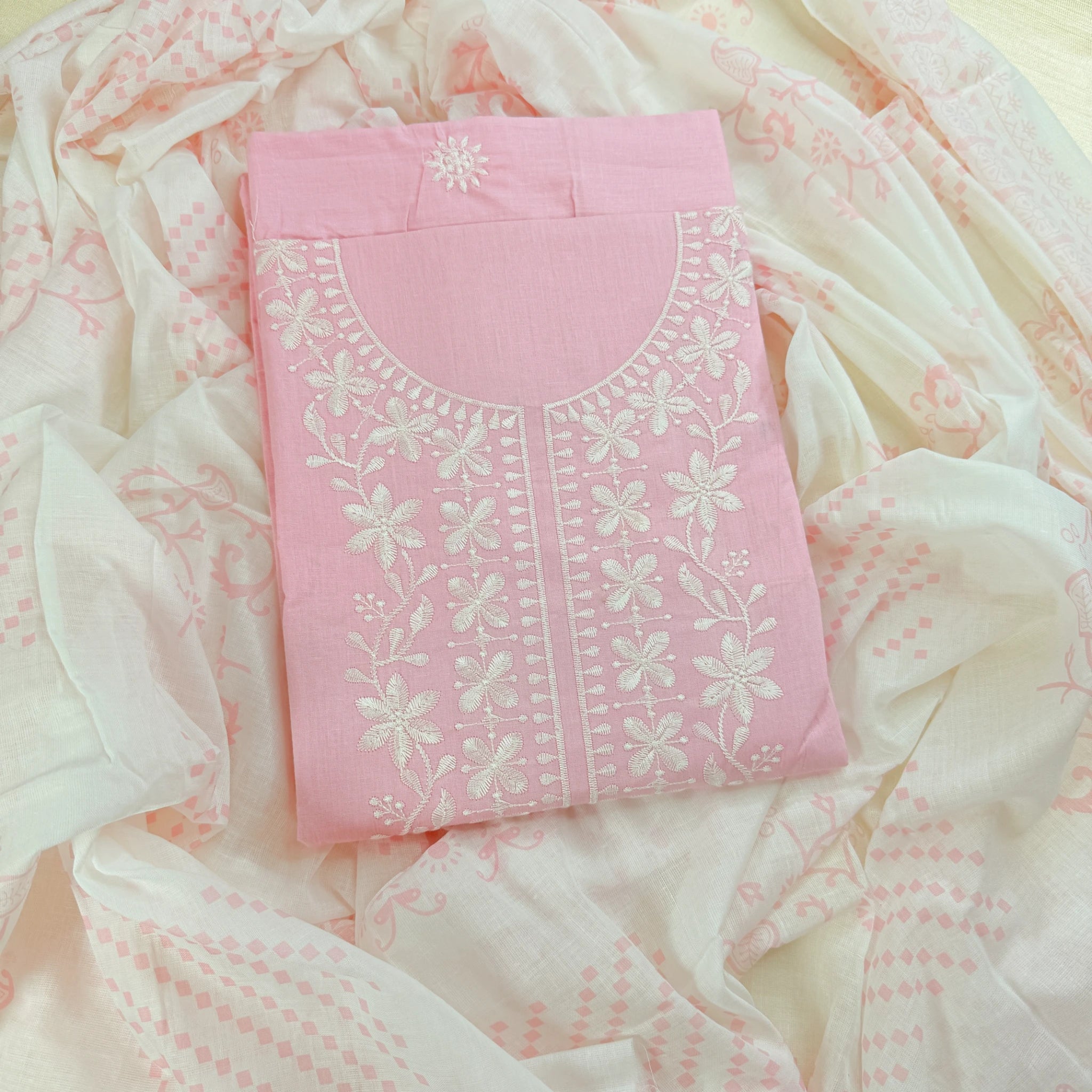 Roseate Embroidery – Unstitched Suit Set with Floral Embroidery and Printed Dupatta | T0-003