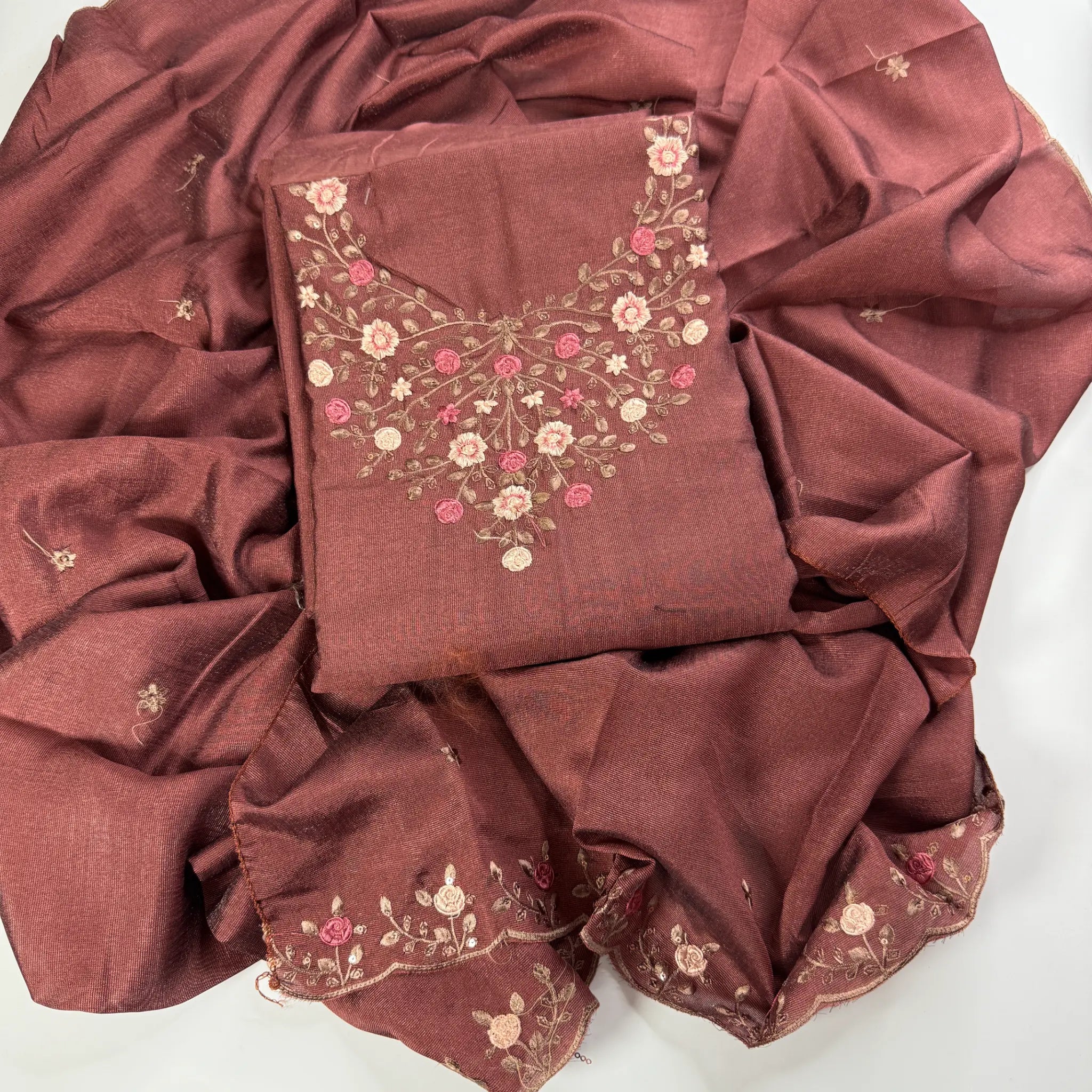 Maroon Rose – Unstitched Suit Set with Floral Embroidery and Sequins | S0-006