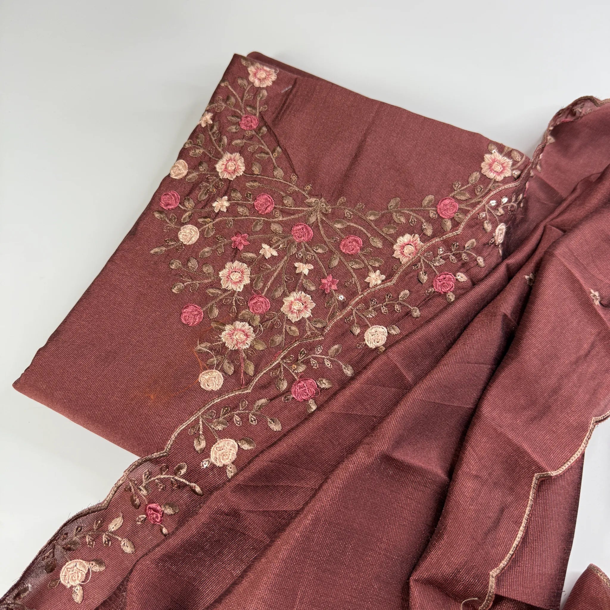Maroon Rose – Unstitched Suit Set with Floral Embroidery and Sequins | S0-006