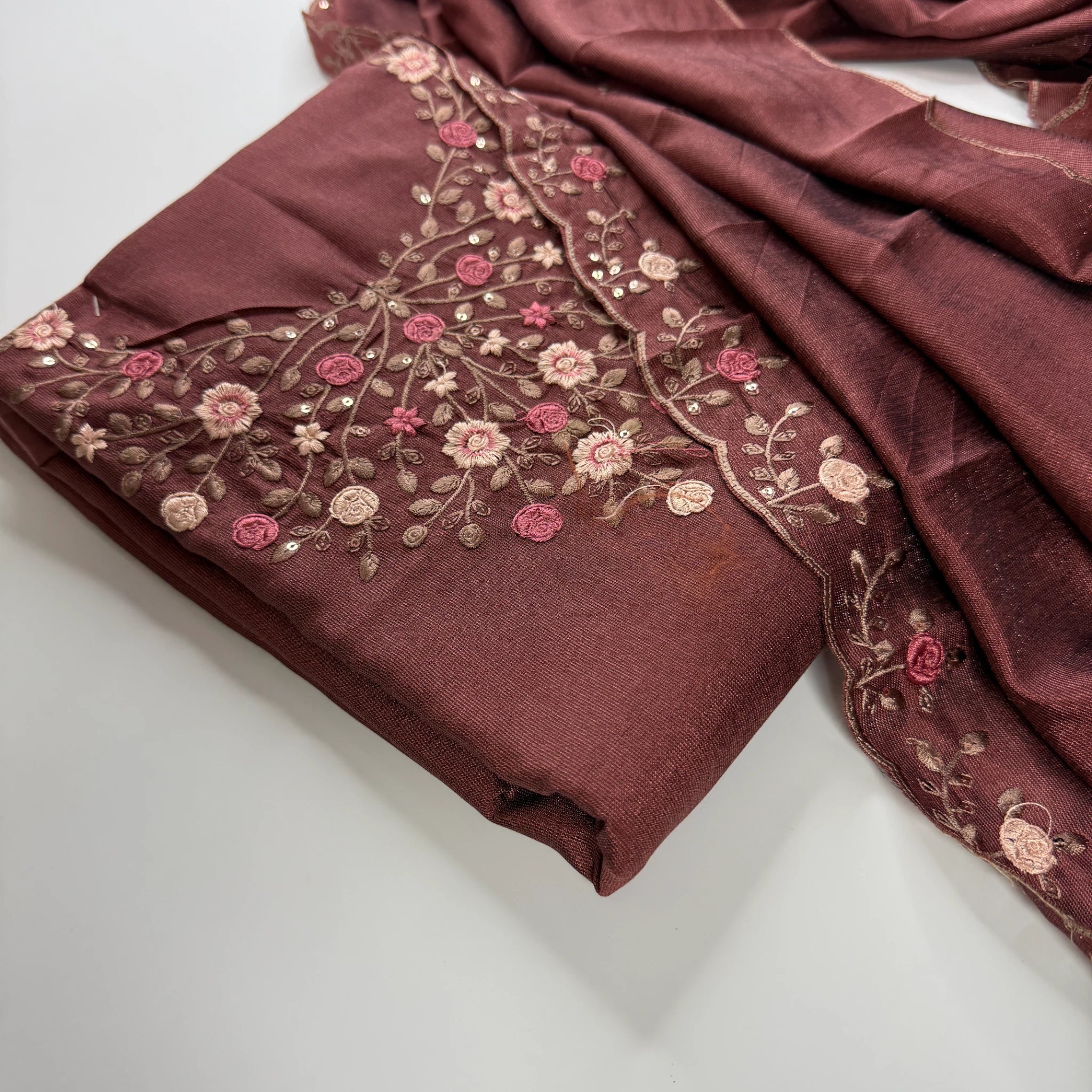 Maroon Rose – Unstitched Suit Set with Floral Embroidery and Sequins | S0-006