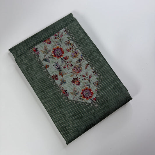 Sage Bloom – Unstitched Suit Set with Woven Stripes and Floral Panel | S0-002