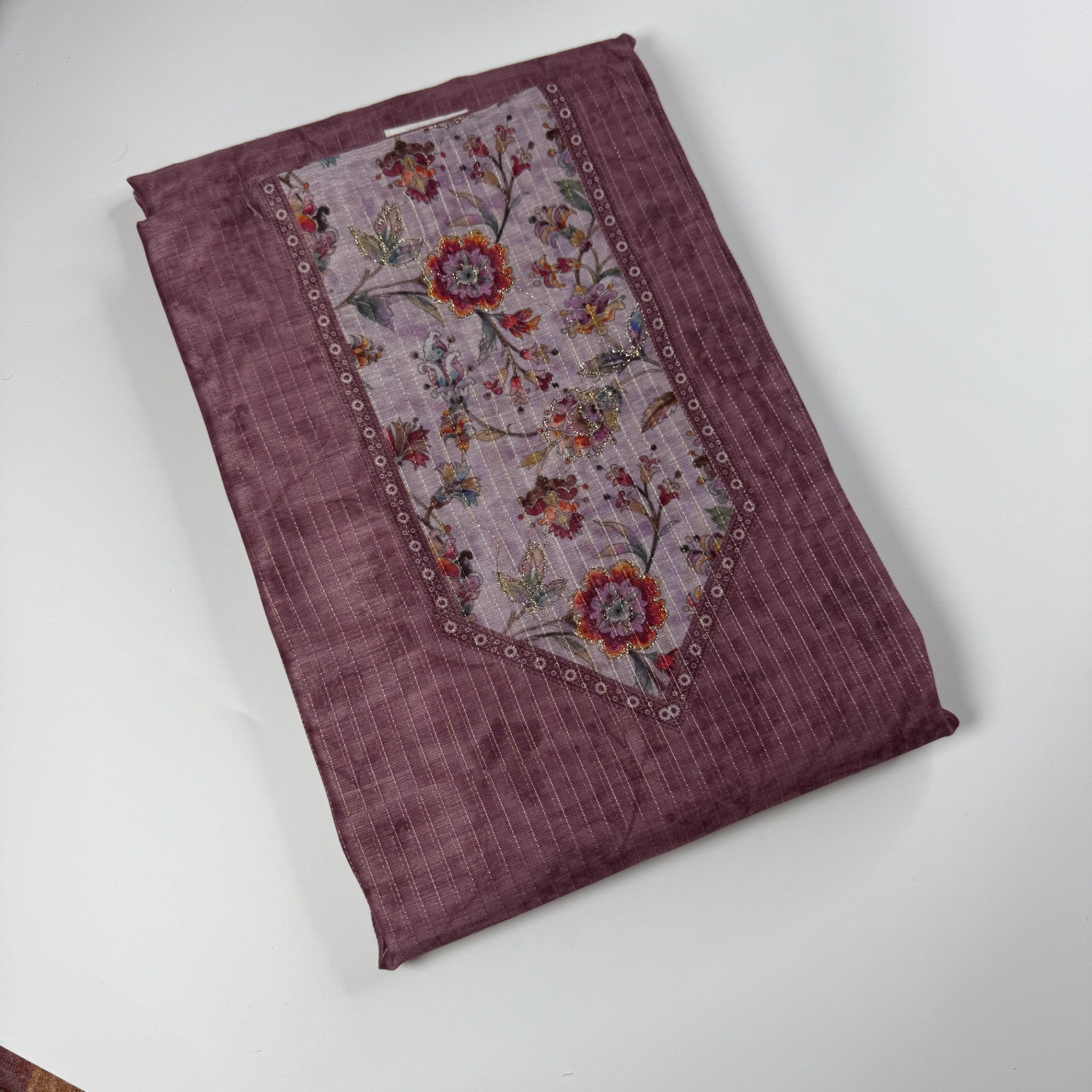 Plum Blossom – Unstitched Suit Set with Woven Stripes and Floral Panel | S0-003