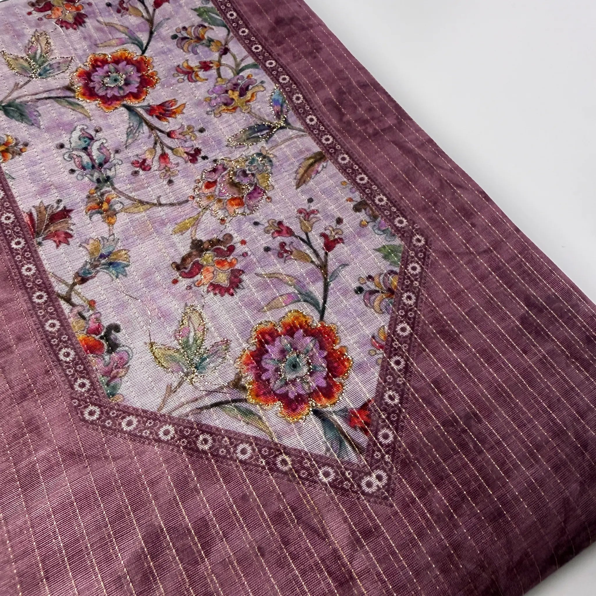 Plum Blossom – Unstitched Suit Set with Woven Stripes and Floral Panel | S0-003