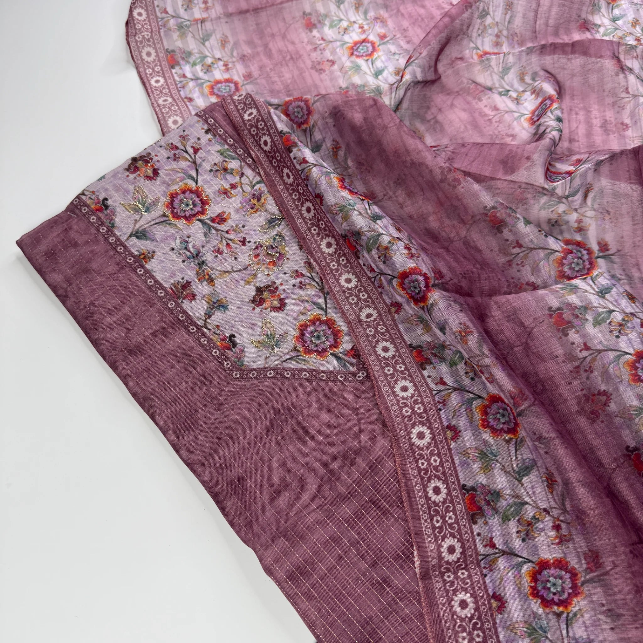 Plum Blossom – Unstitched Suit Set with Woven Stripes and Floral Panel | S0-003
