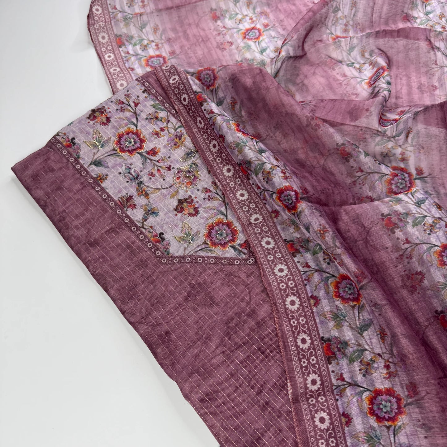 Plum Blossom – Unstitched Suit Set with Woven Stripes and Floral Panel | S0-003