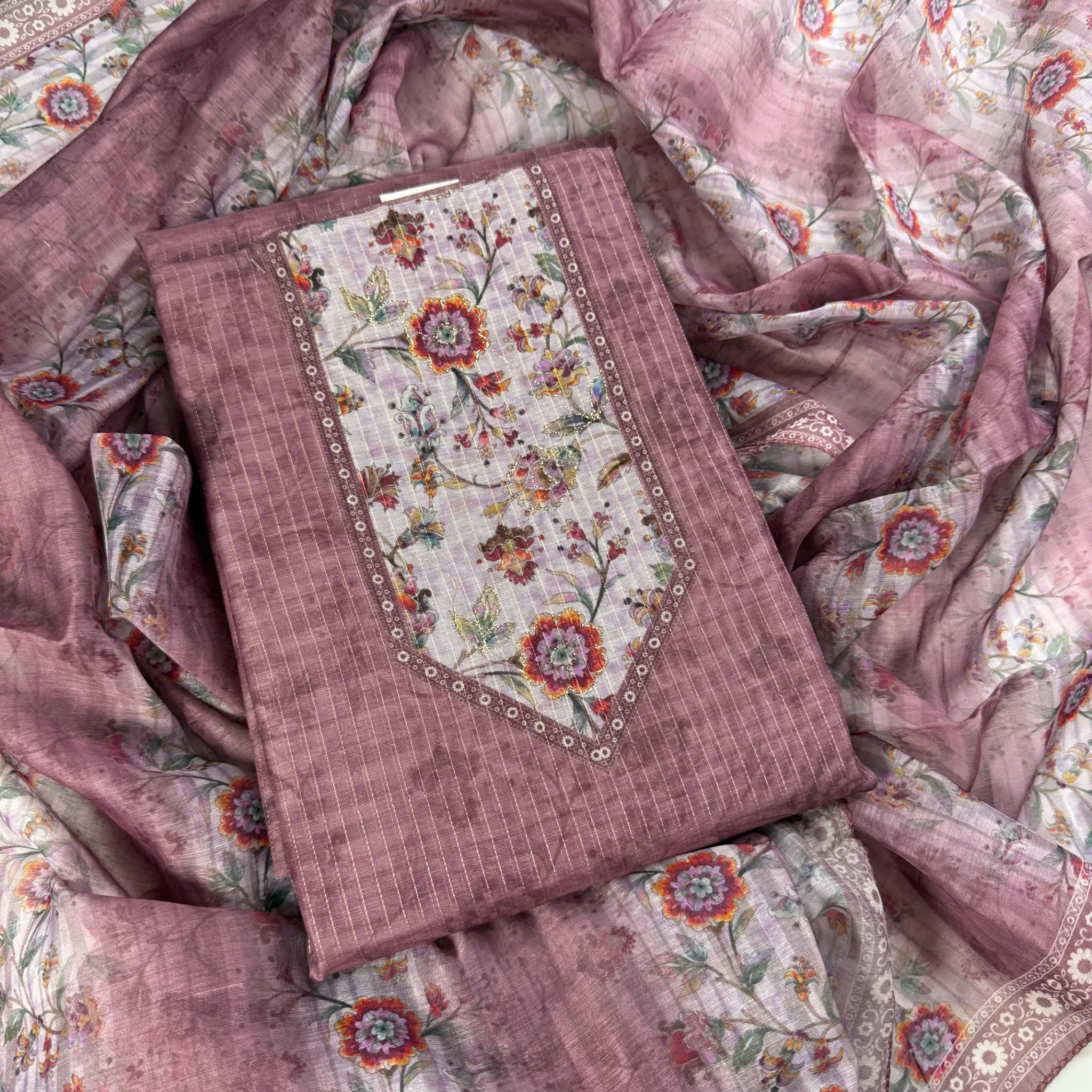 Plum Blossom – Unstitched Suit Set with Woven Stripes and Floral Panel | S0-003